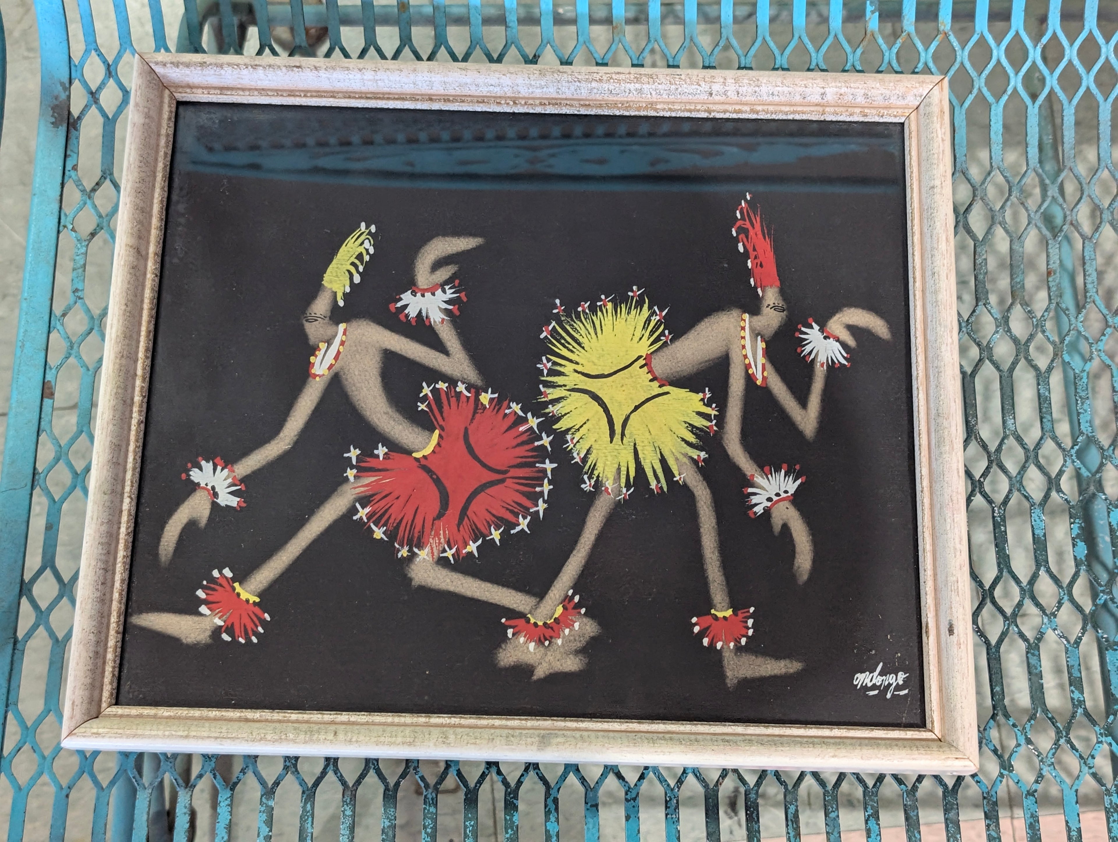 Vintage Mid Century Tribal Dancer Painting Signed Framed Folk Art Wall Decor