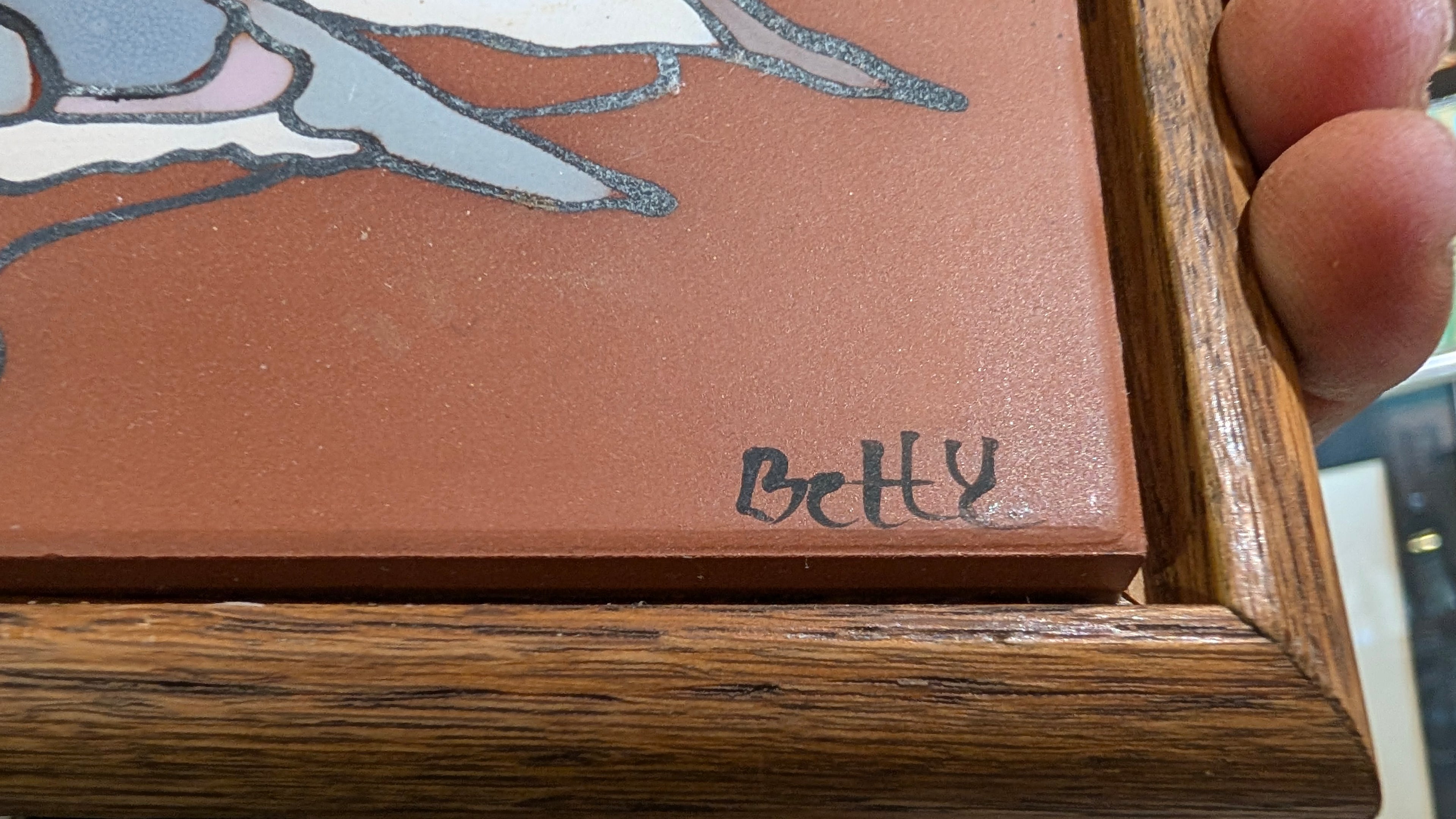 Vintage Betty Signed Italian Ceramic Tile Bird Art Framed Wall Decor