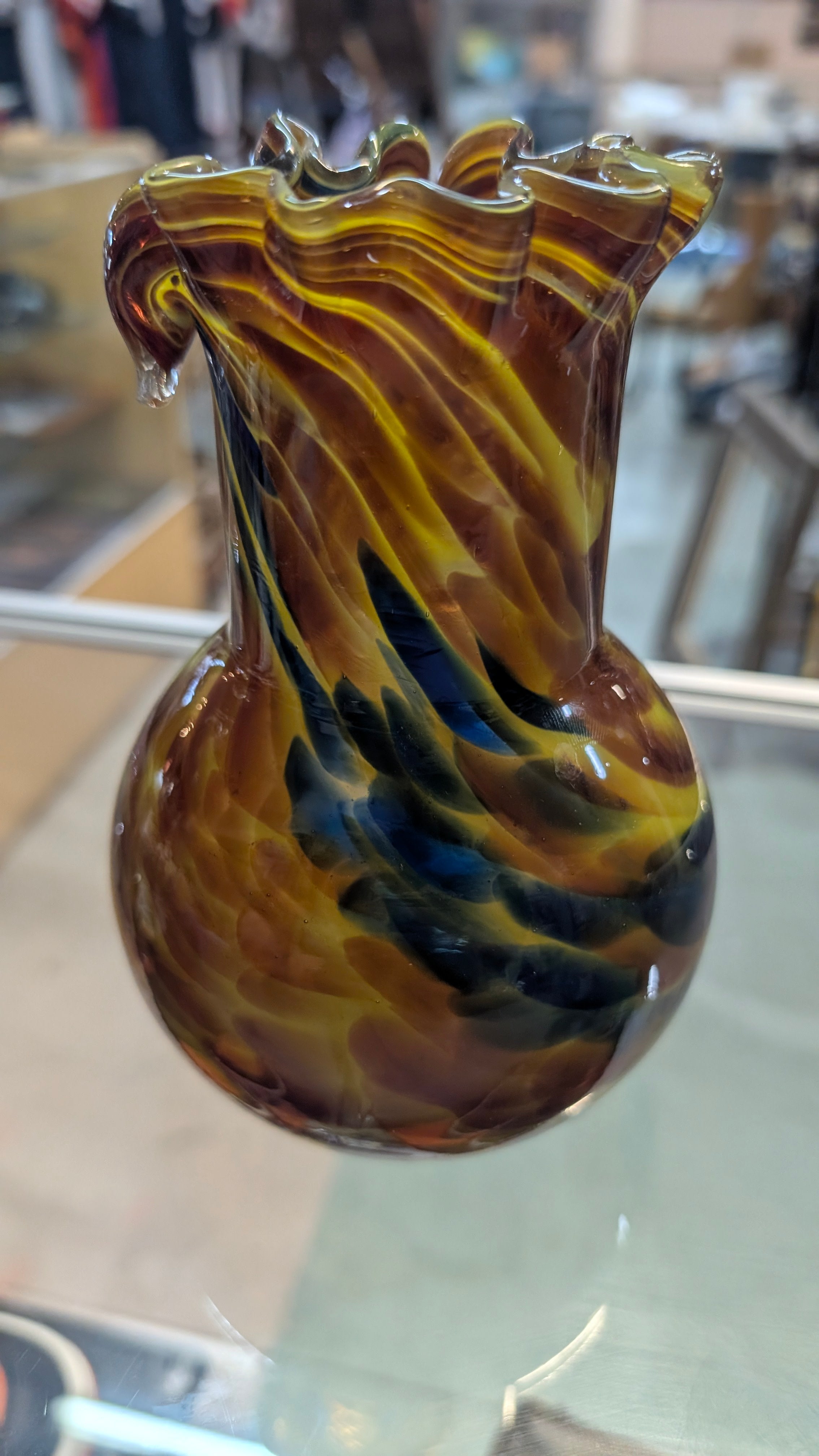 Vintage Amber Swirl Art Glass Vase Ruffled Rim Hand Blown Decor Piece