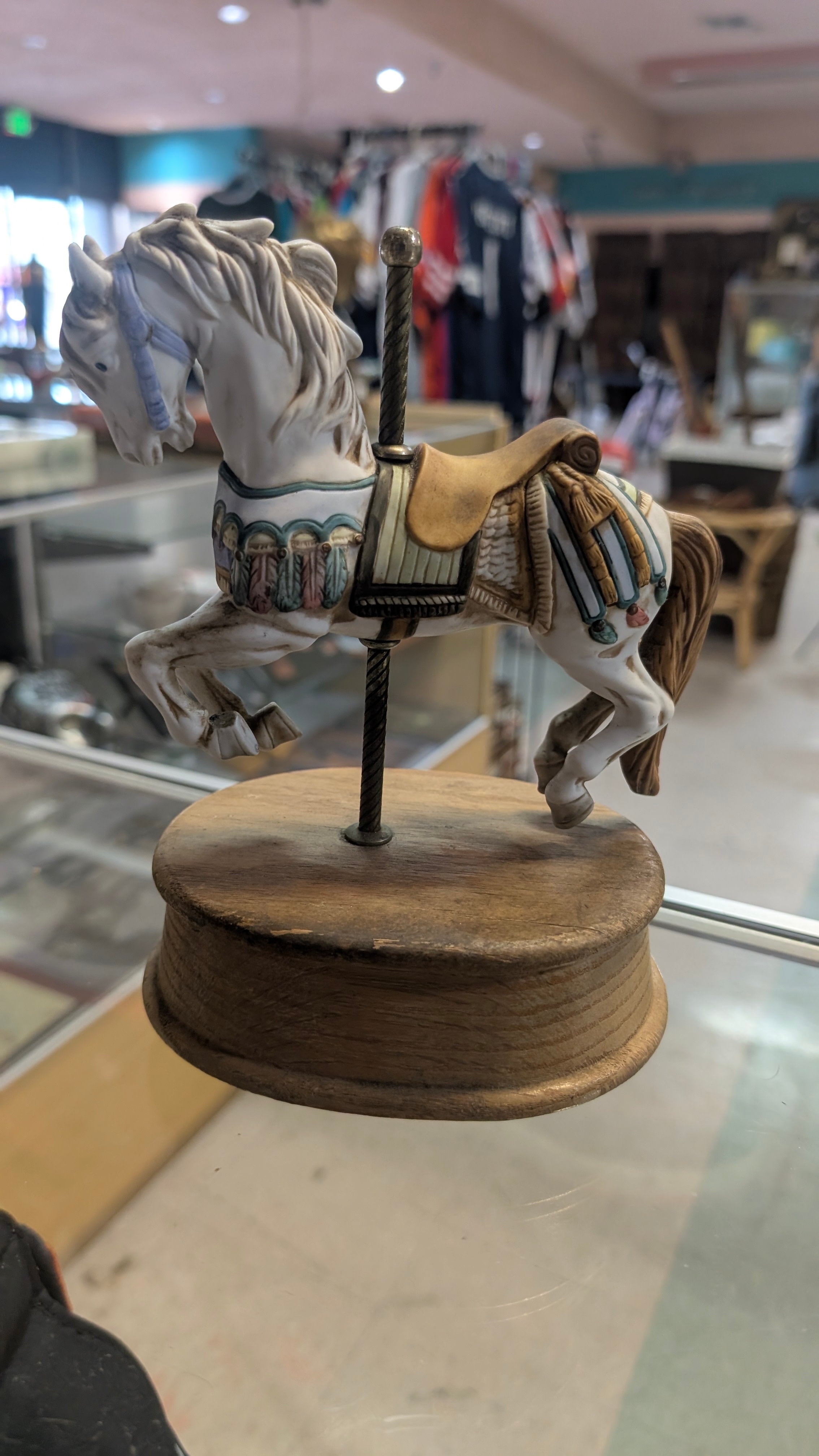 Vintage Carousel Horse Figurine Music Box Wooden Base Decorative
