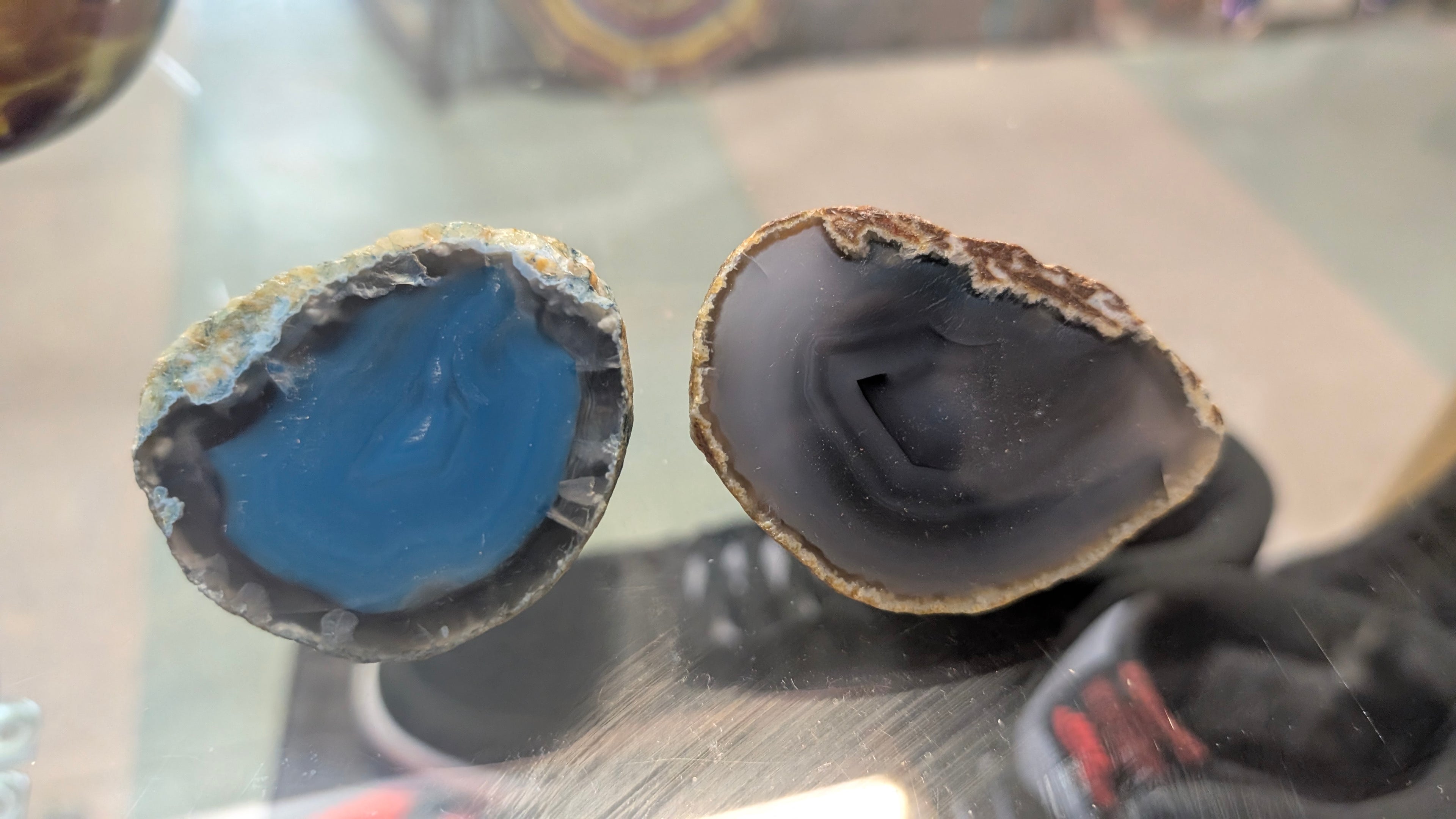 Natural Agate Geode Pair Blue And Gray Polished Cut Display Specimens