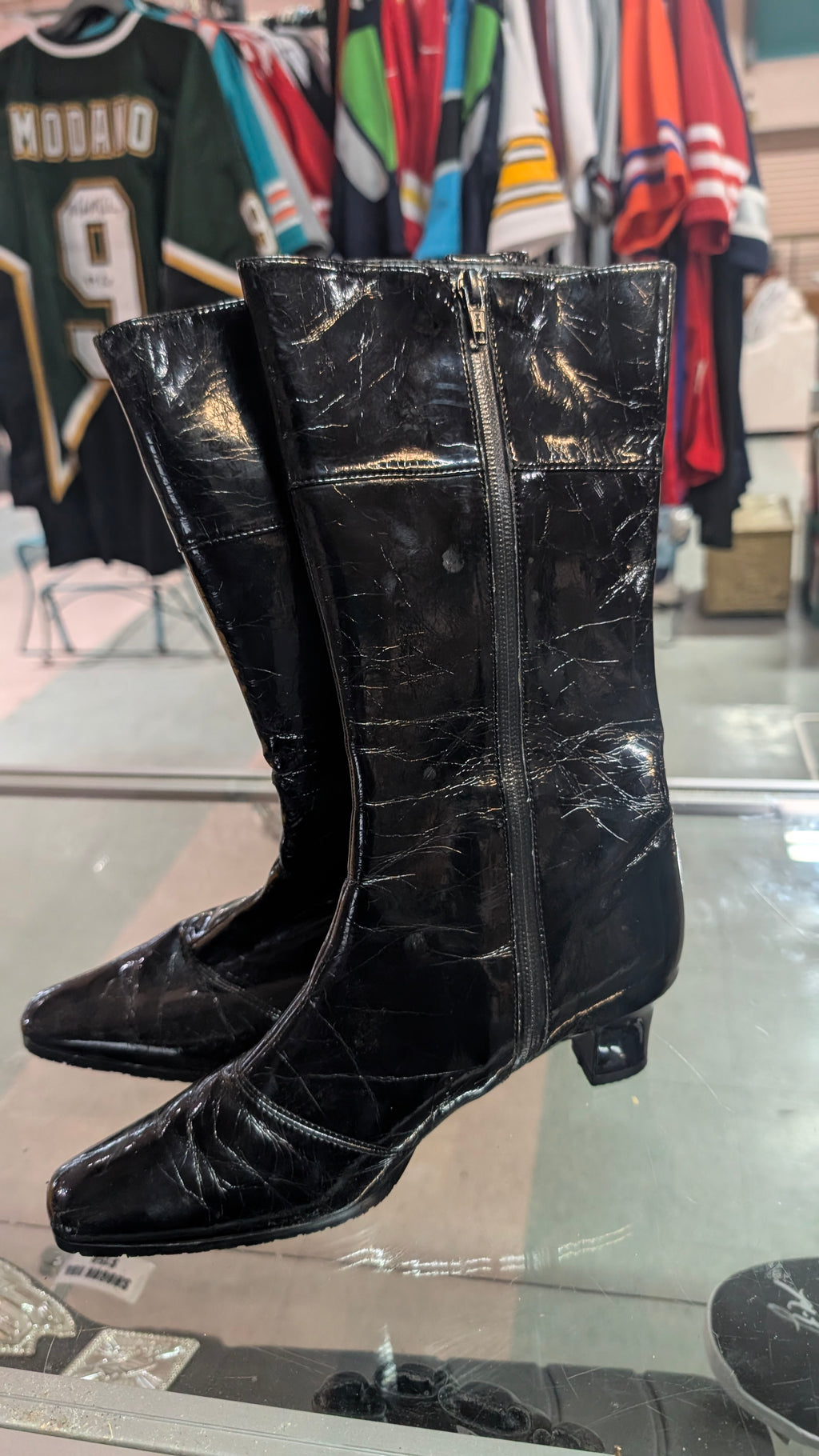 Vintage Pitti Black Patent Leather Mid Calf Boots Size 23.5 EE Japan