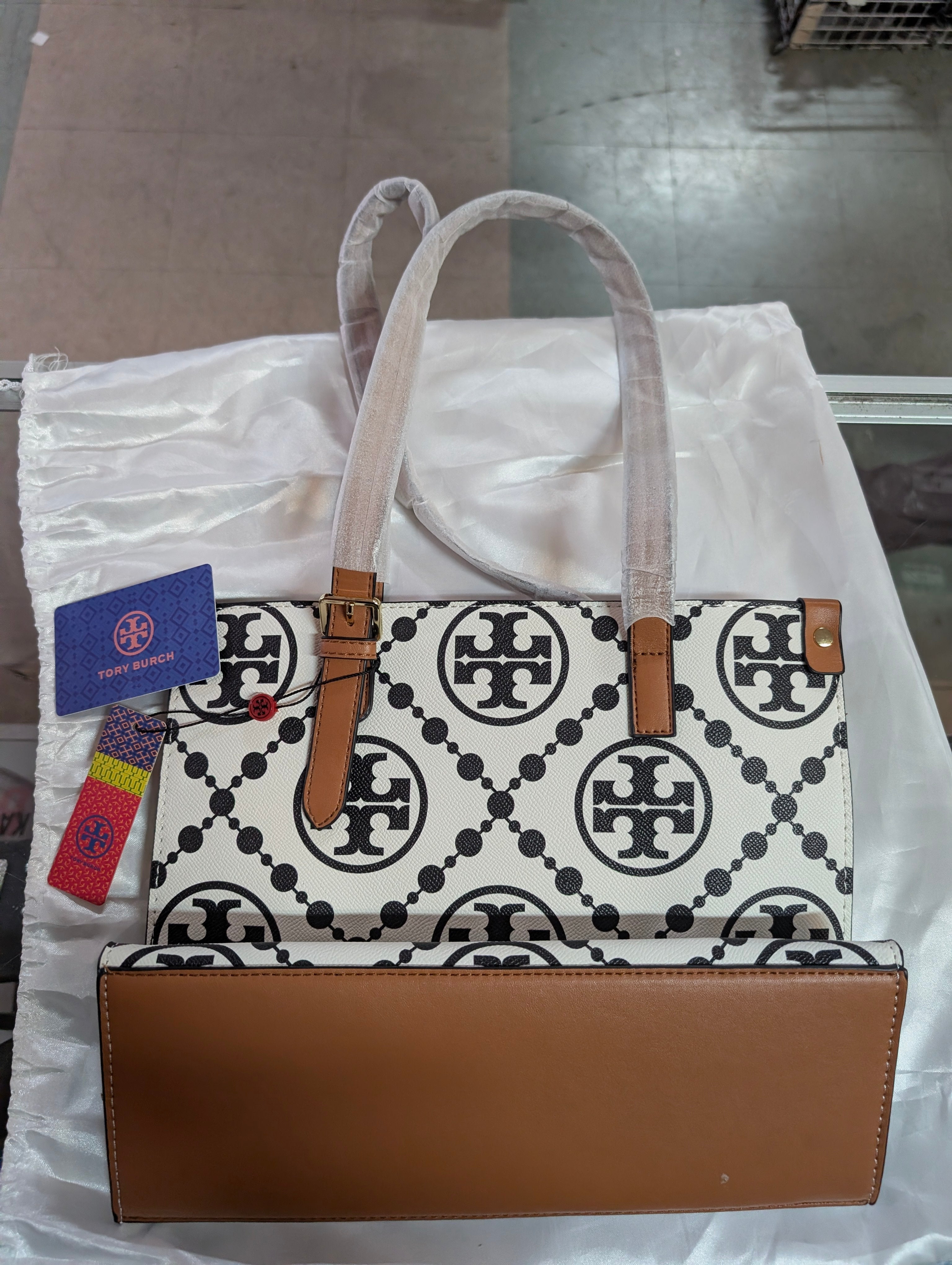 Tory Burch Perry Logo Tote Bag Canvas Leather Trim Large Designer Handbag