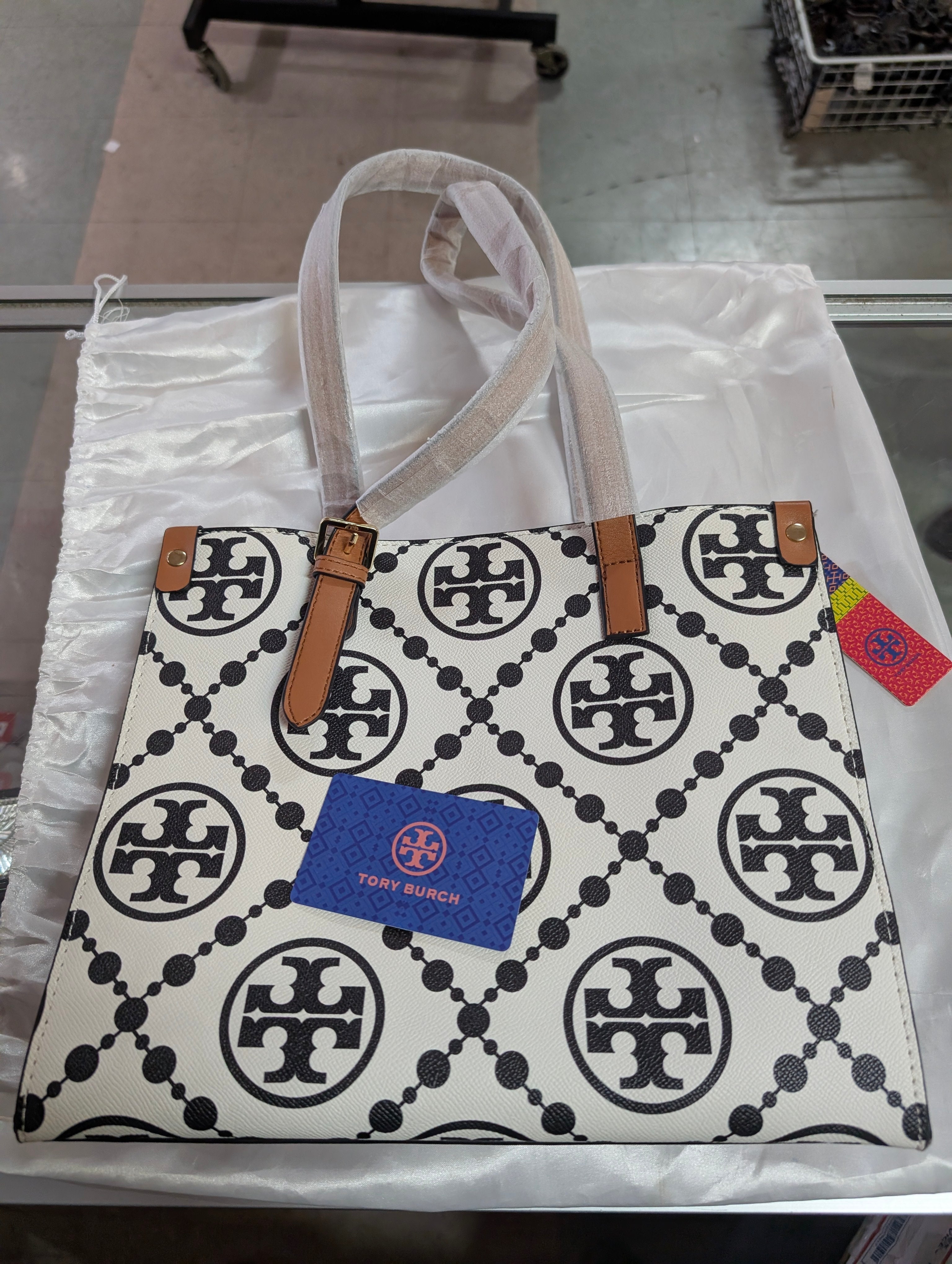 Tory Burch Perry Logo Tote Bag Canvas Leather Trim Large Designer Handbag
