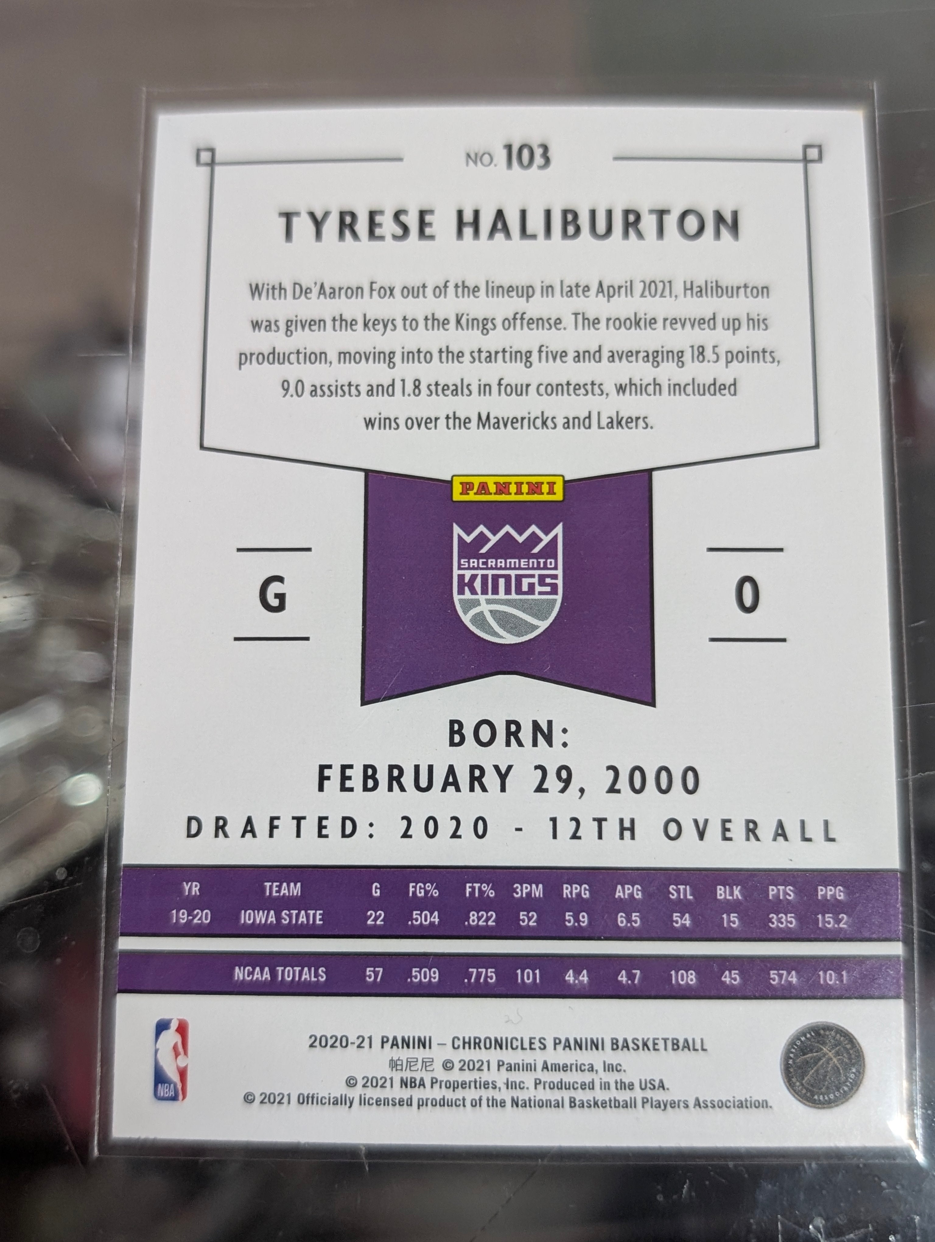 2020-21 Panini Chronicles Tyrese Haliburton RC No 103 Kings Rookie