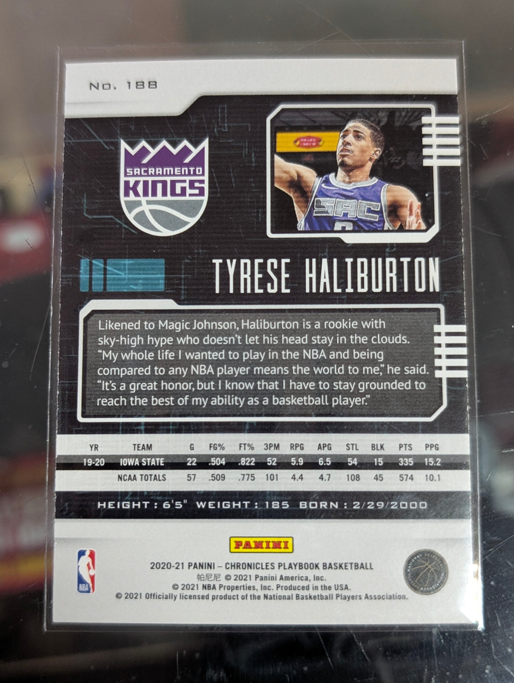 2020-21 Panini Chronicles Playbook Tyrese Haliburton RC No 188 Kings