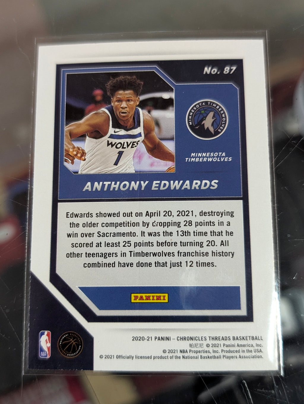 2020-21 Panini Chronicles Threads Anthony Edwards RC No 87 Timberwolves