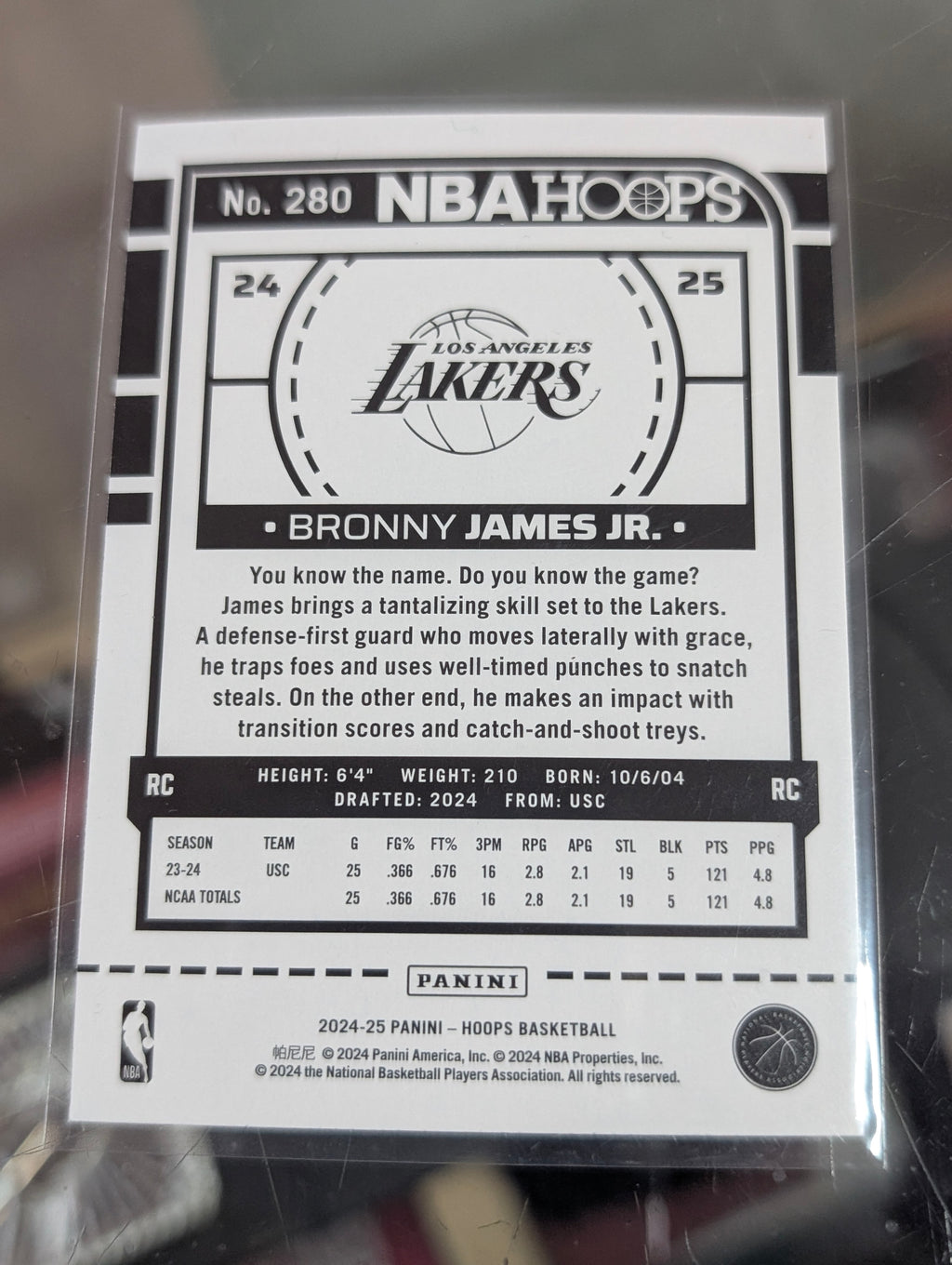 2024-25 Panini NBA Hoops Bronny James Jr RC No 280 Lakers Rookie