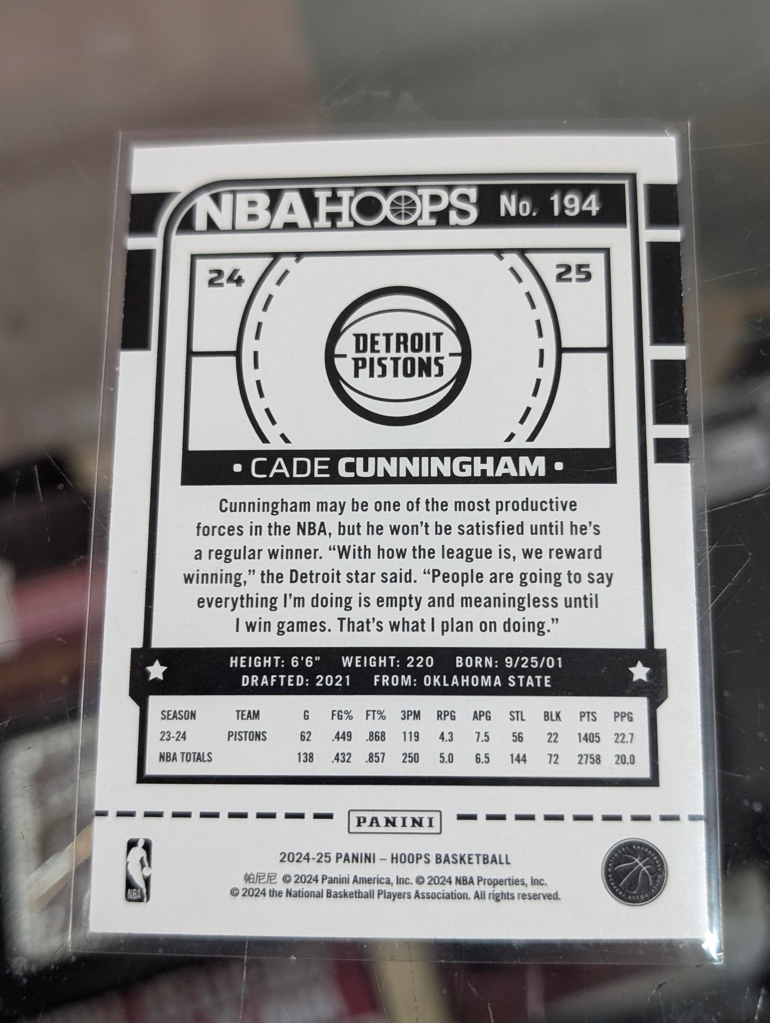 2024-25 Panini NBA Hoops Cade Cunningham No 194 Pistons
