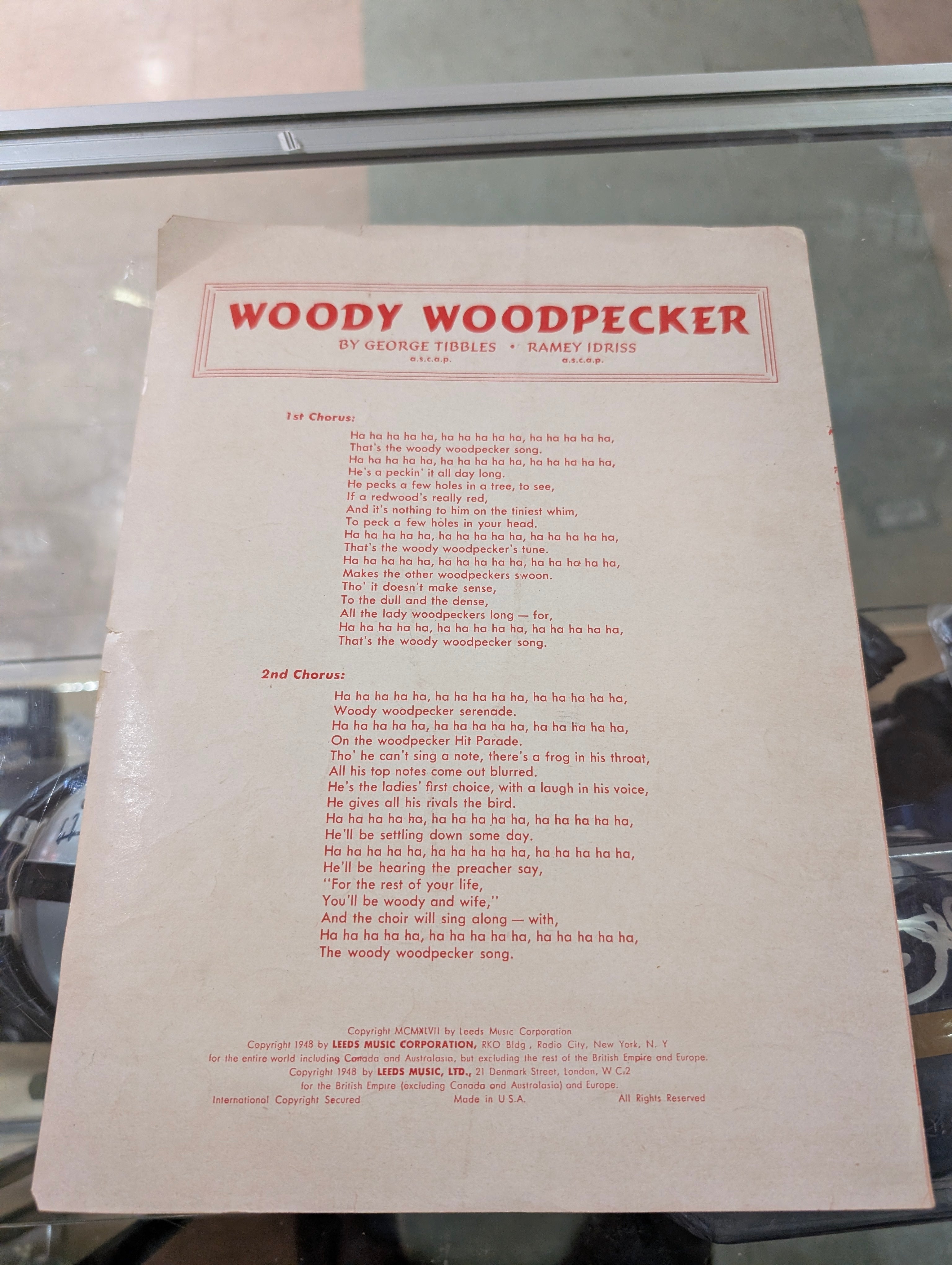 Vintage 1948 Woody Woodpecker Sheet Music Walter Lantz Cartoons Leeds