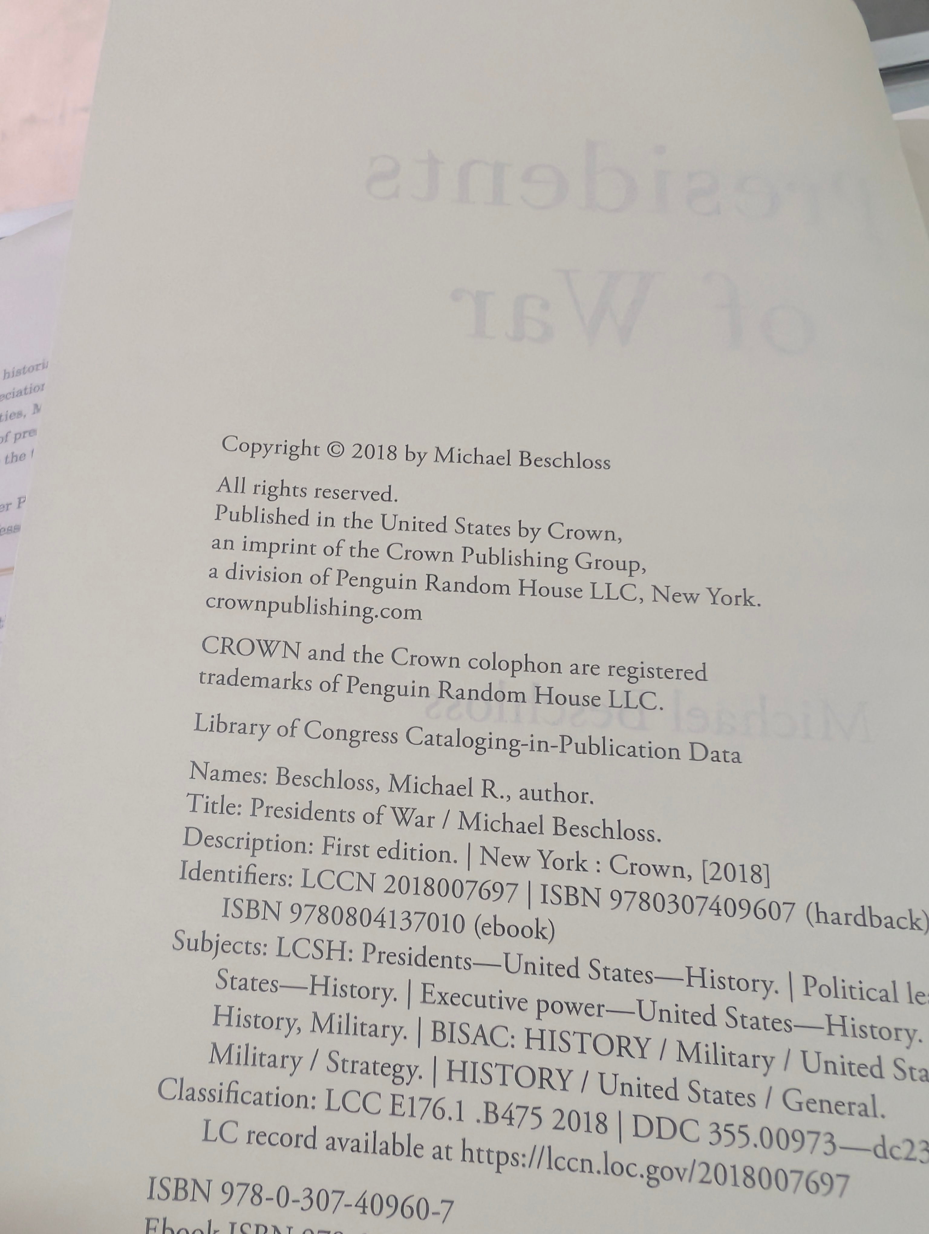 Michael Beschloss Presidents Of War 2018 First Edition Hardcover Book