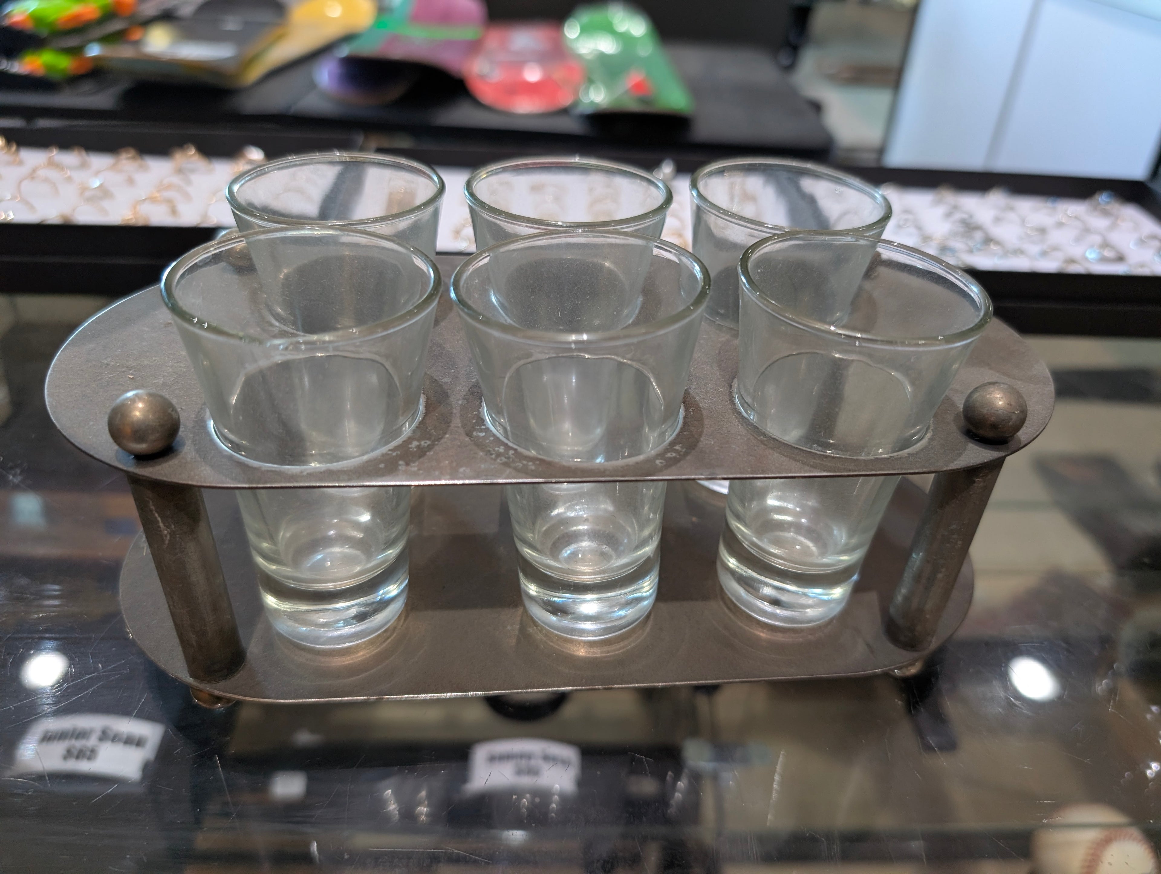 Vintage Metal Shot Glass Holder Set 6 Glasses Barware Caddy Rack