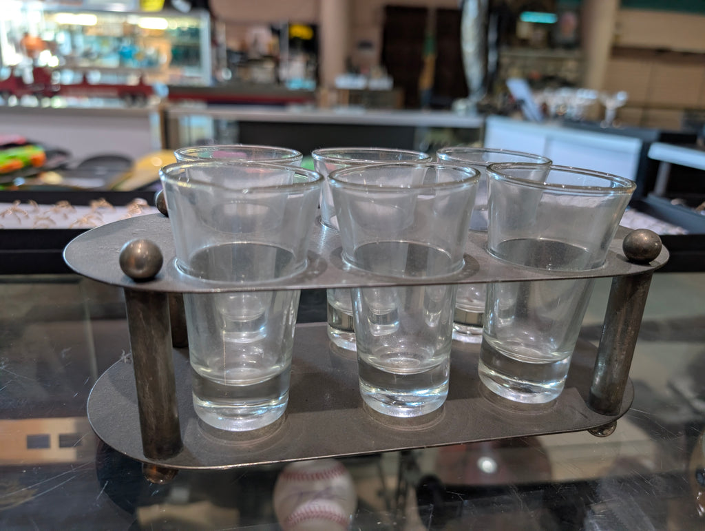 Vintage Metal Shot Glass Holder Set 6 Glasses Barware Caddy Rack