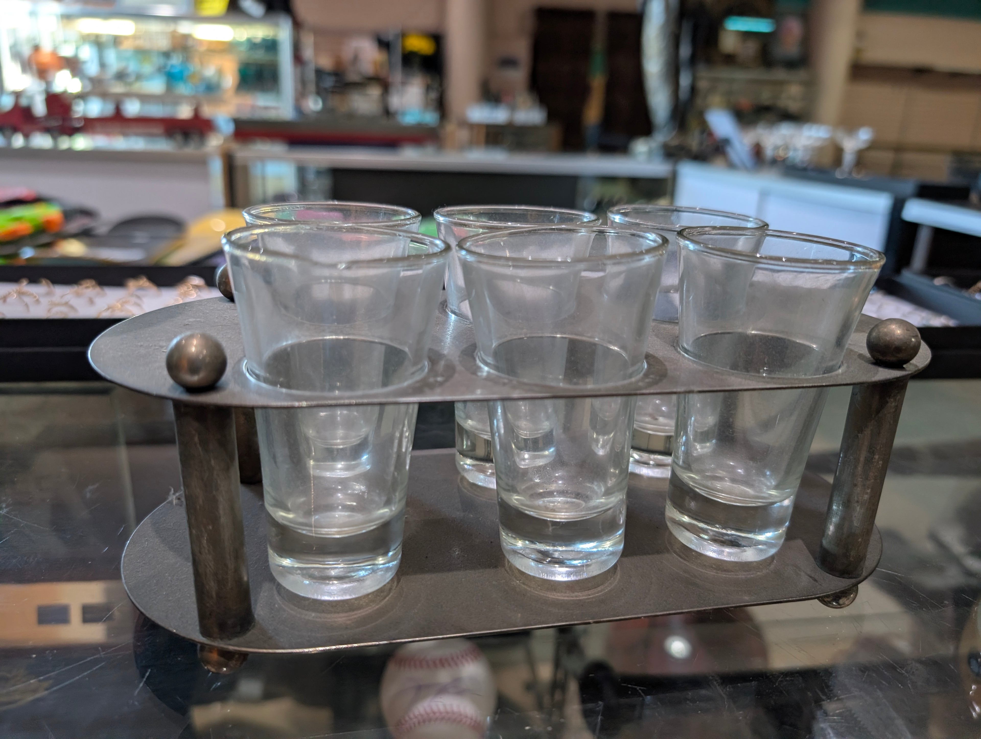 Vintage Metal Shot Glass Holder Set 6 Glasses Barware Caddy Rack