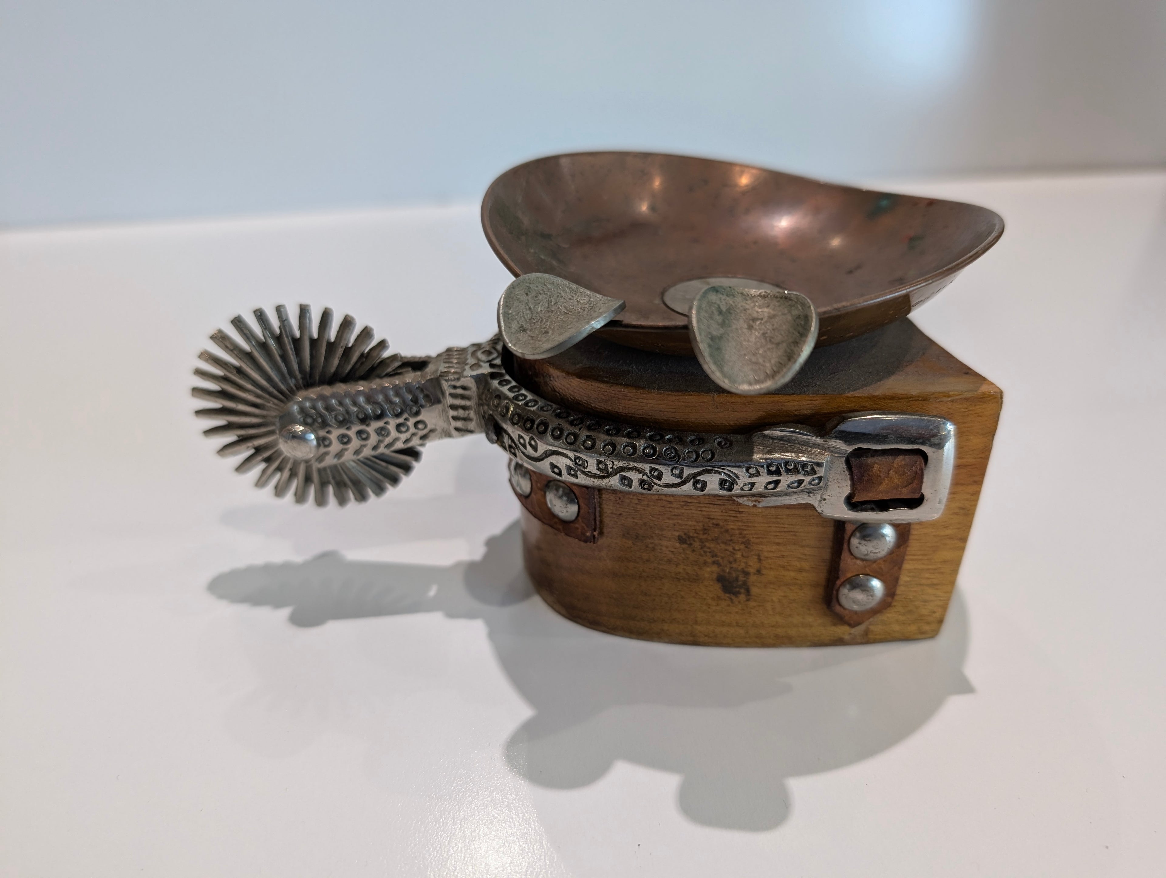 Vintage Western Spur Copper Ashtray Chile 1 Peso 1800s Silver Coin Decor