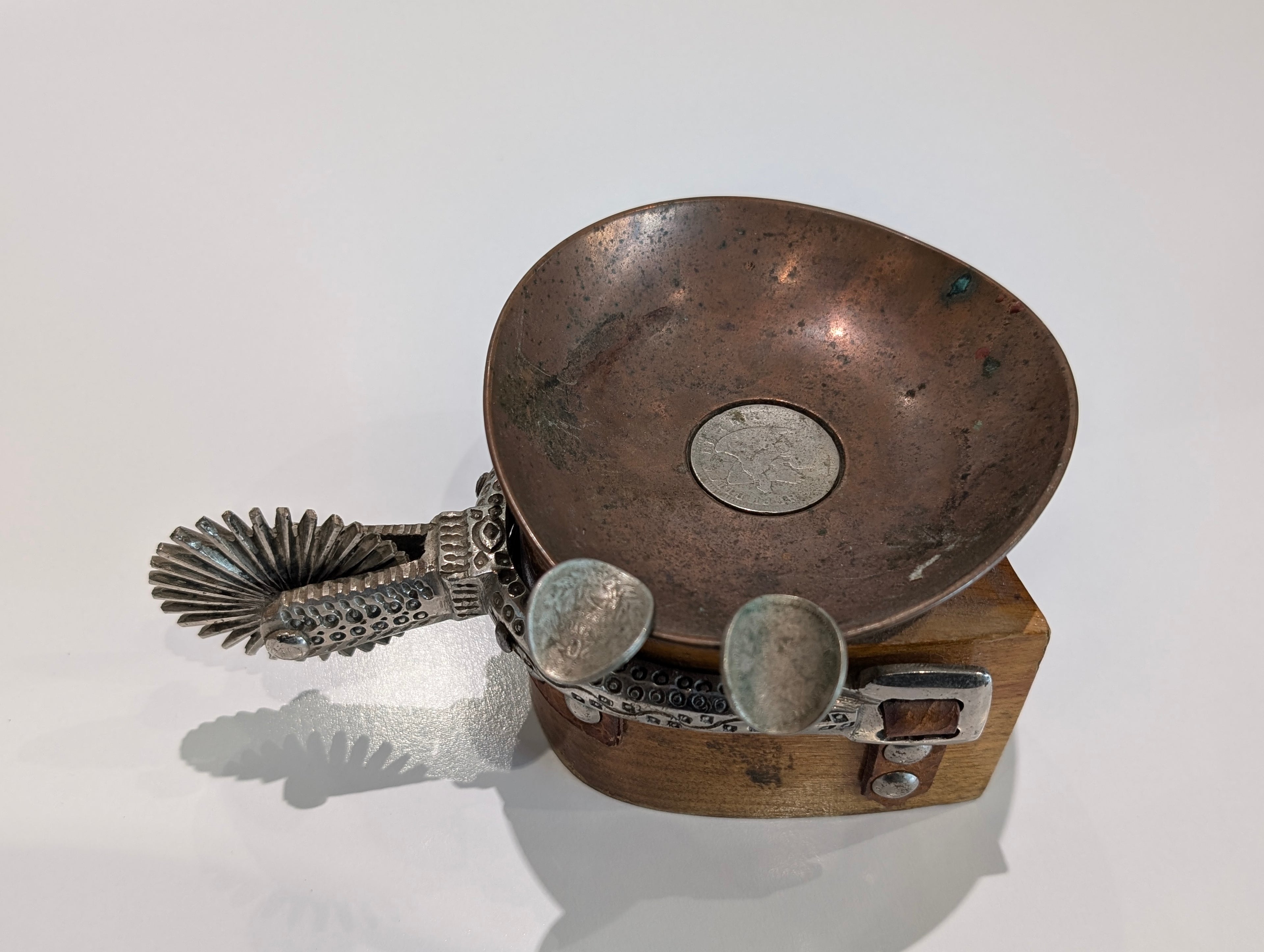 Vintage Western Spur Copper Ashtray Chile 1 Peso 1800s Silver Coin Decor