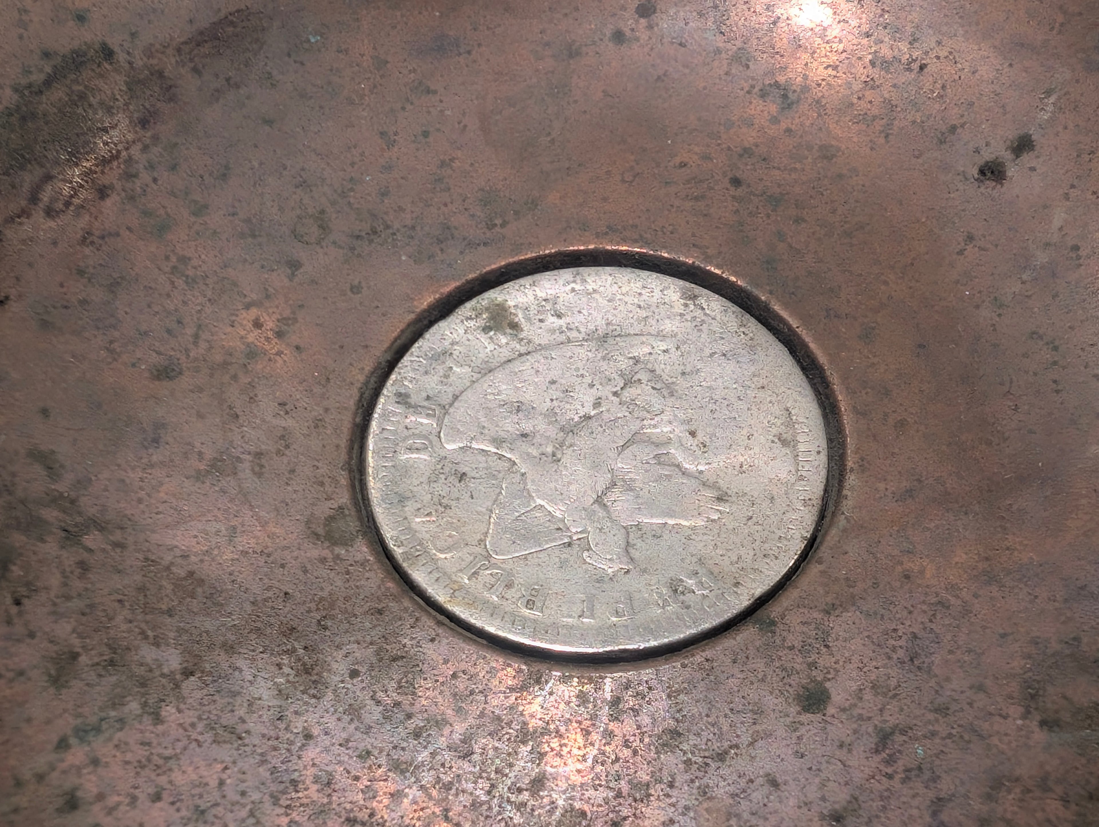 Vintage Western Spur Copper Ashtray Chile 1 Peso 1800s Silver Coin Decor