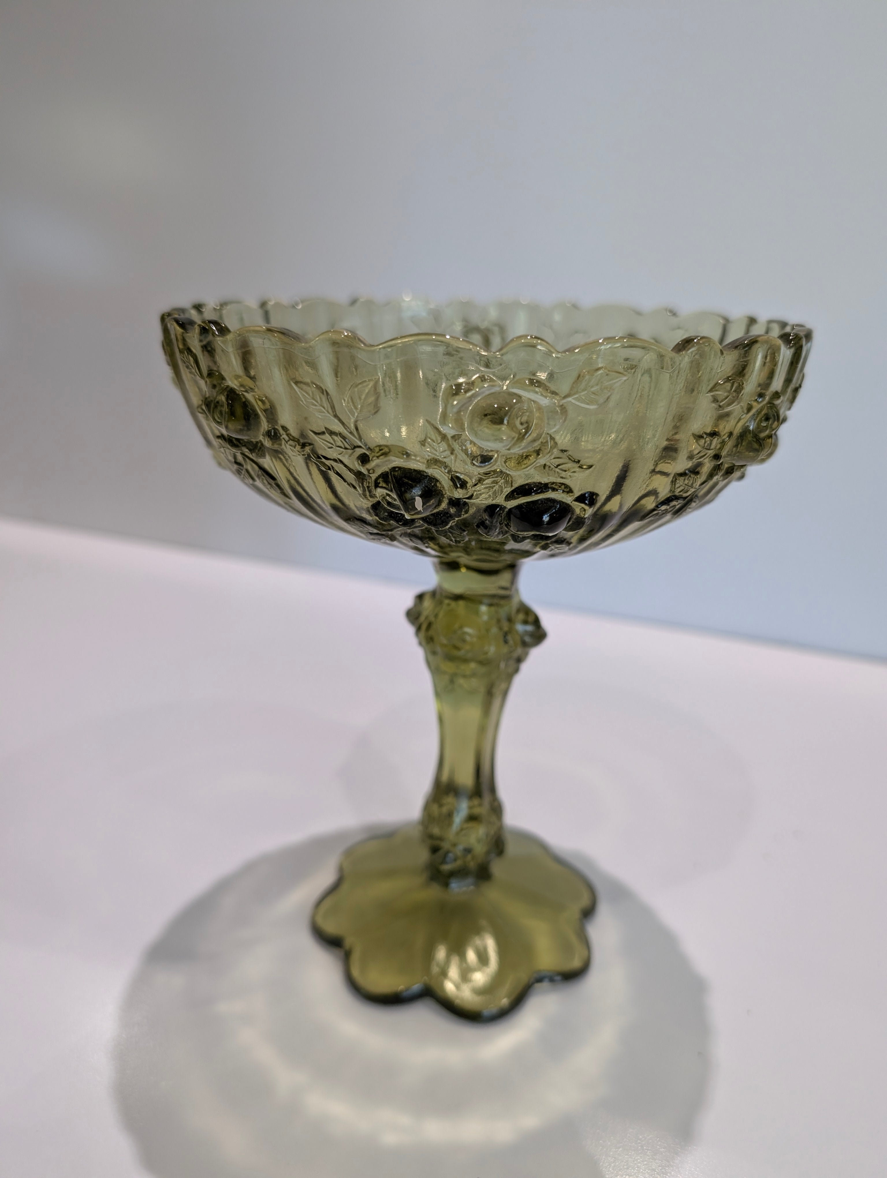 Vintage Green Depression Glass Pedestal Compote Bowl Floral Pattern