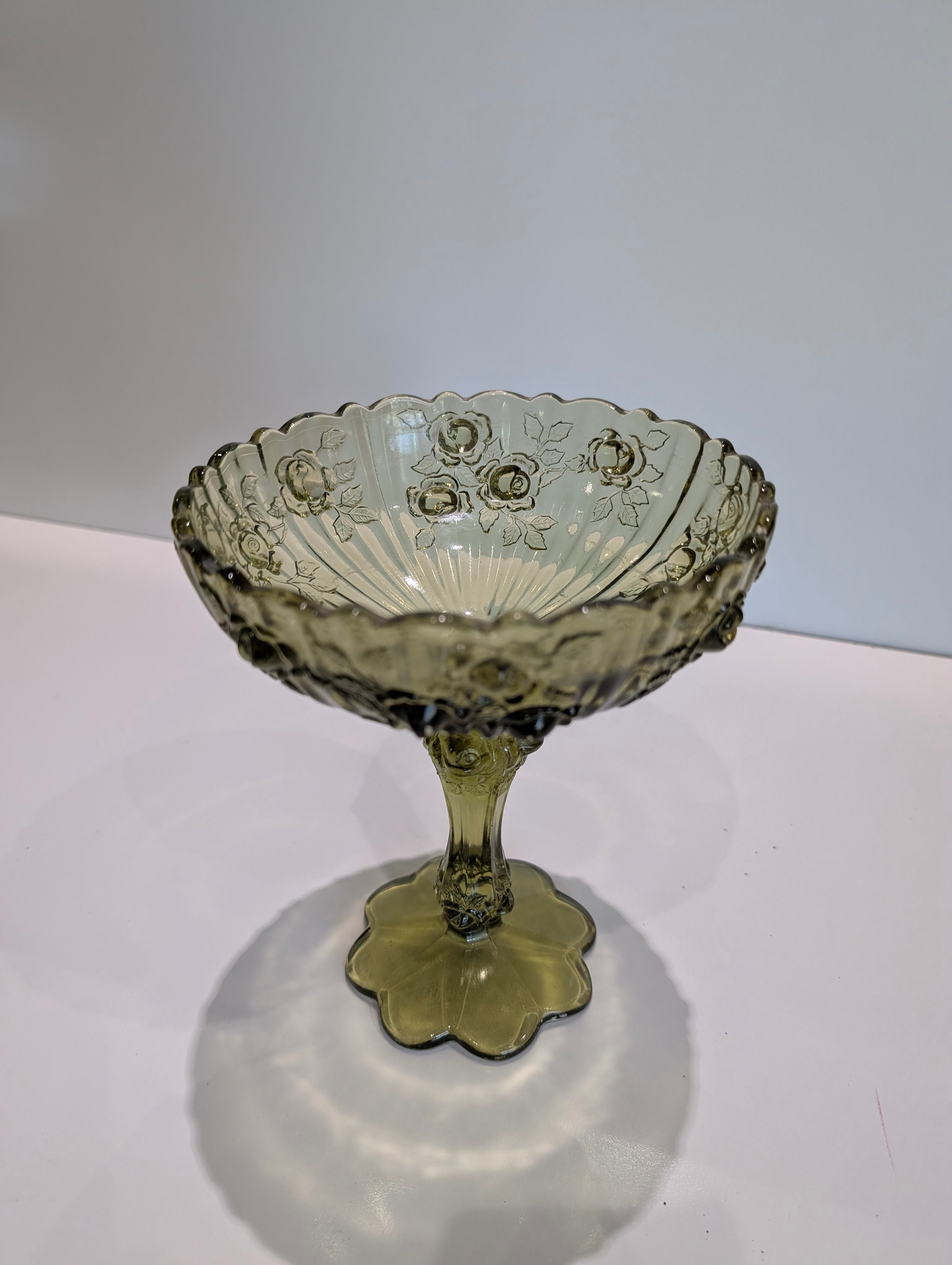Vintage Green Depression Glass Pedestal Compote Bowl Floral Pattern