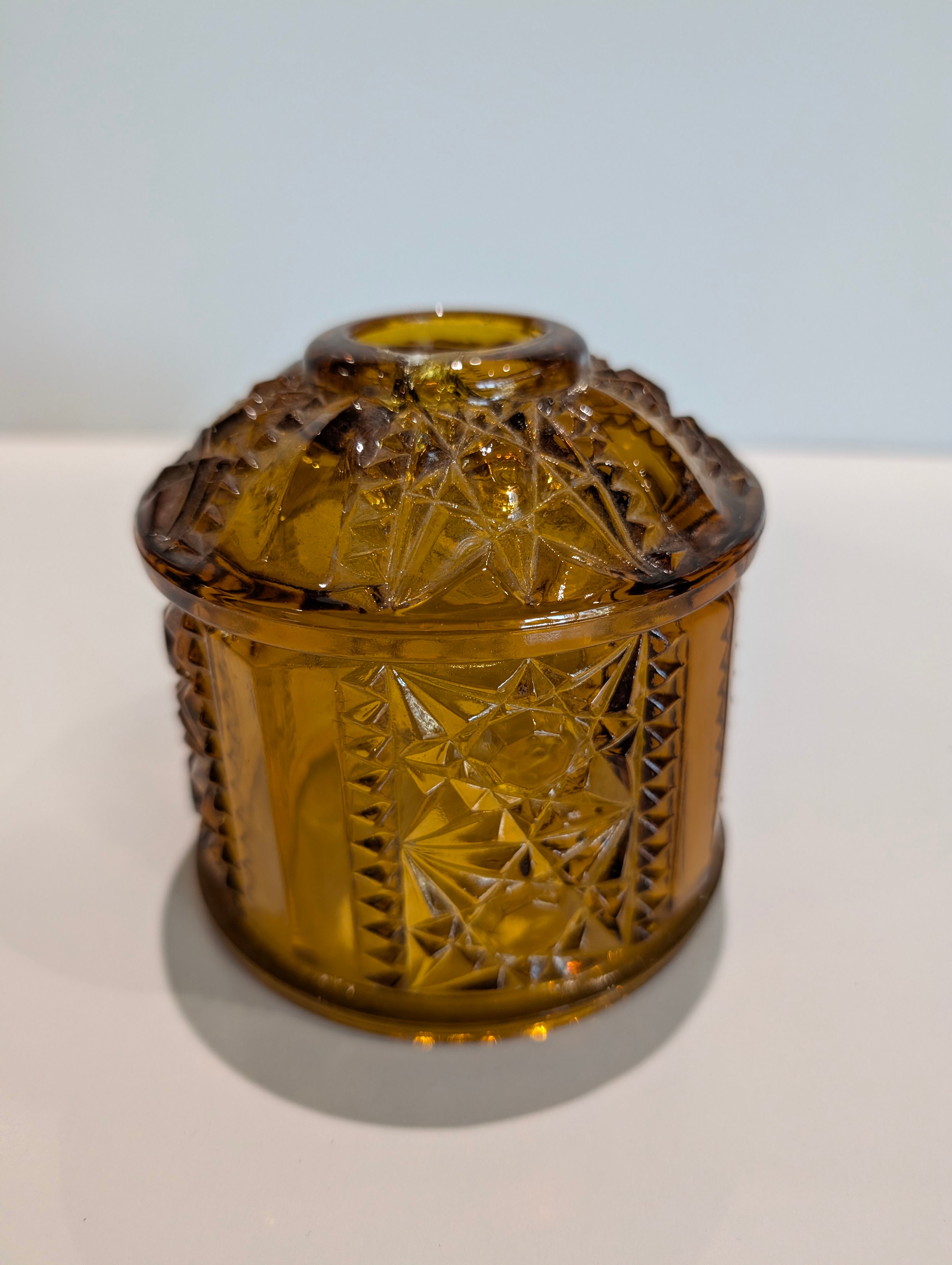 Vintage Amber Pressed Glass Lidded Fairy Lamp Candle Holder Star Pattern