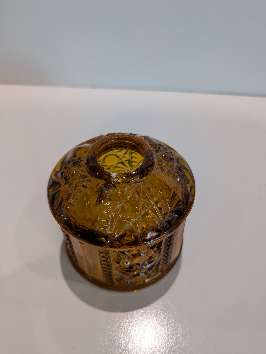Vintage Amber Pressed Glass Lidded Fairy Lamp Candle Holder Star Pattern