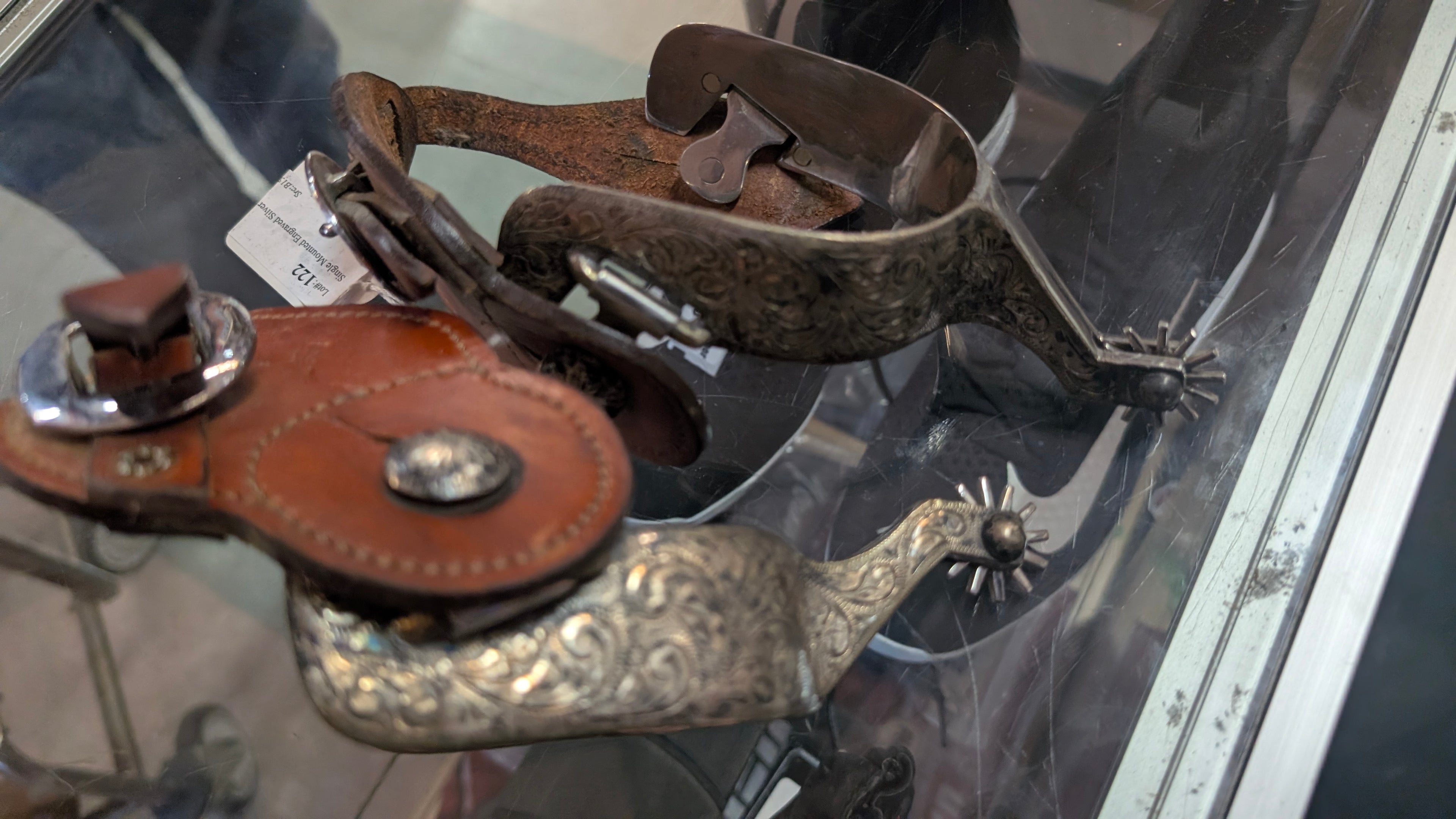 Vintage Engraved Western Cowboy Spurs With Leather Straps Silver Tone