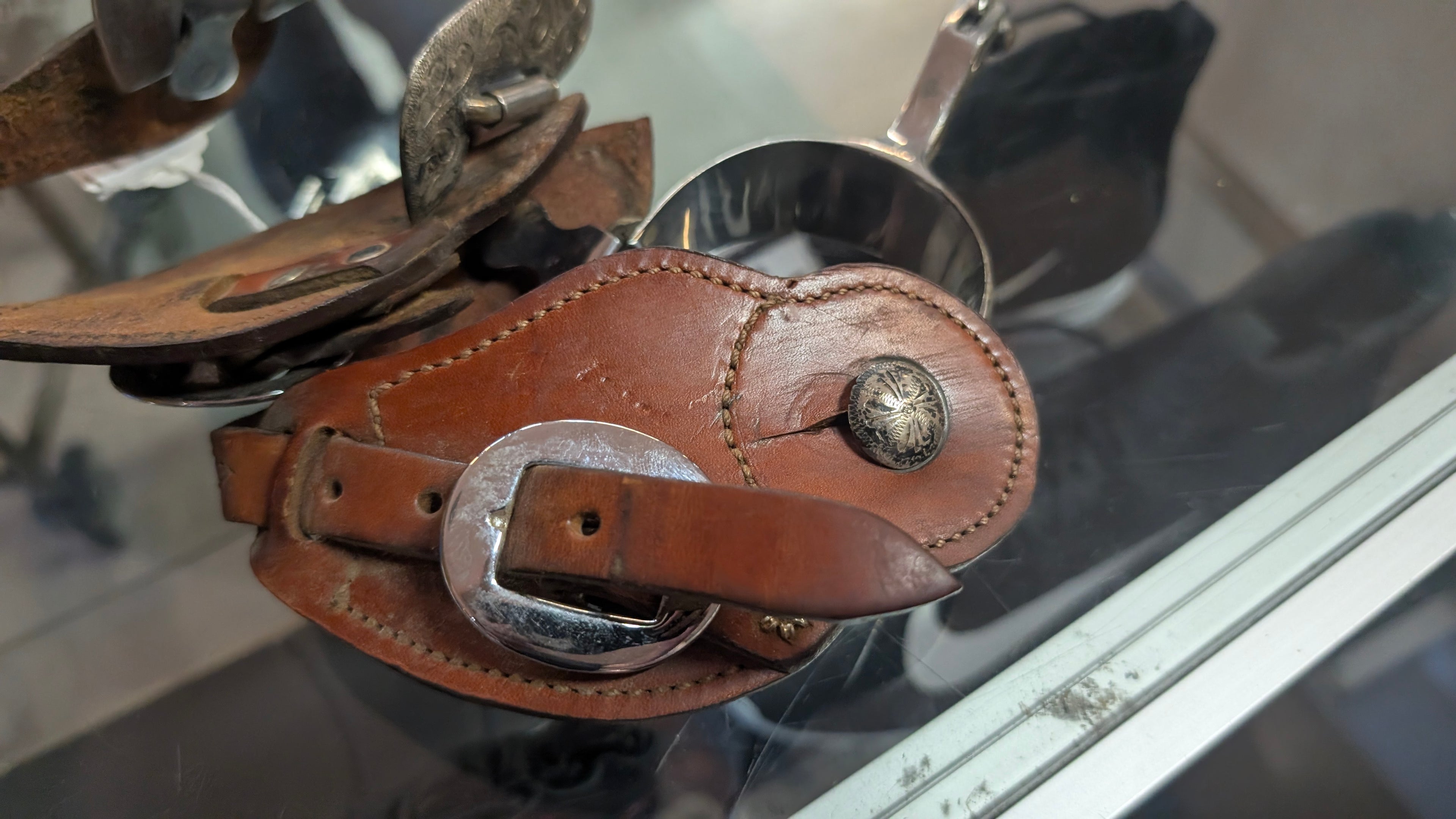 Vintage Engraved Western Cowboy Spurs With Leather Straps Silver Tone