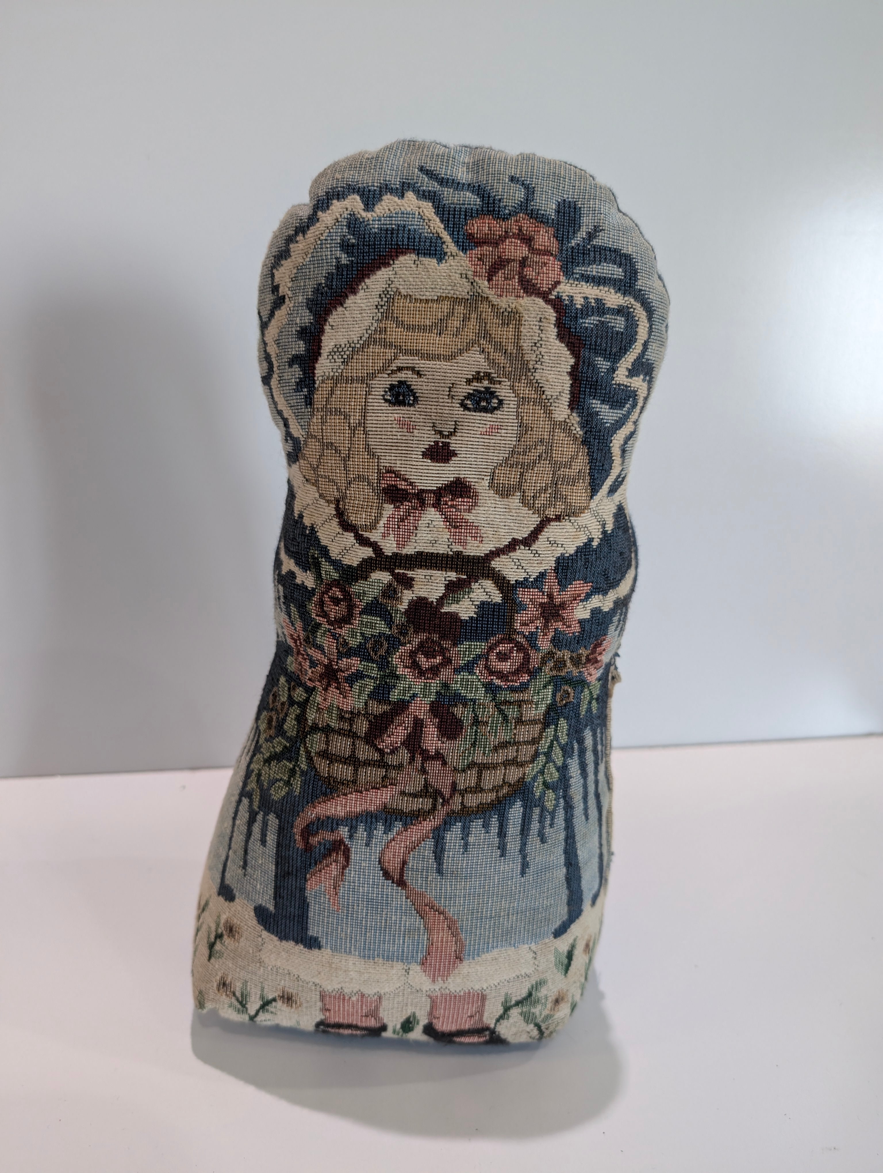 Vintage Tapestry Doll Pillow Folk Art Girl Floral Basket Decor