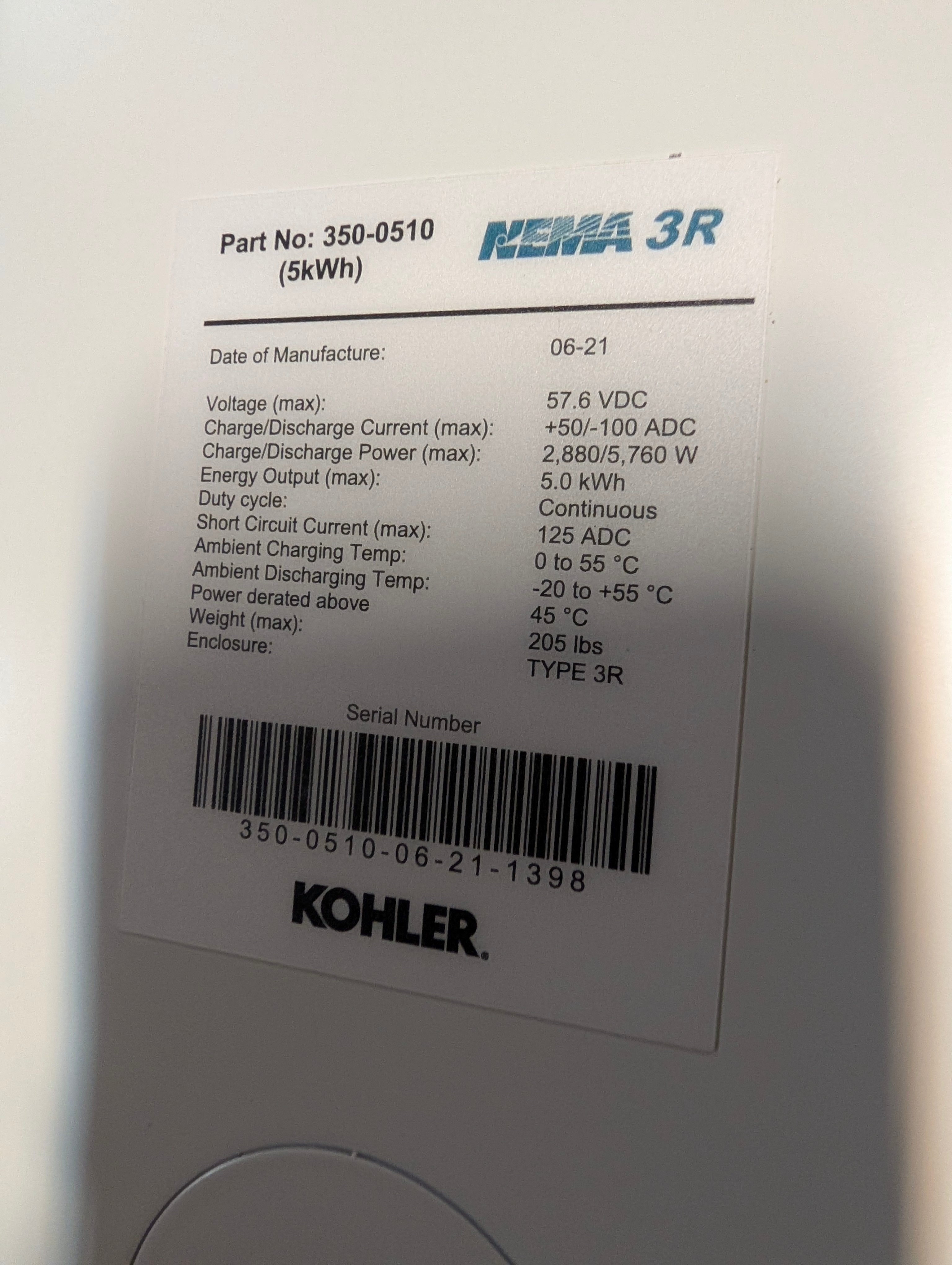 NEW NIB Kohler Nema Battery Back Up Reserve 5kWh DC 57.6 Storage System NEMA
