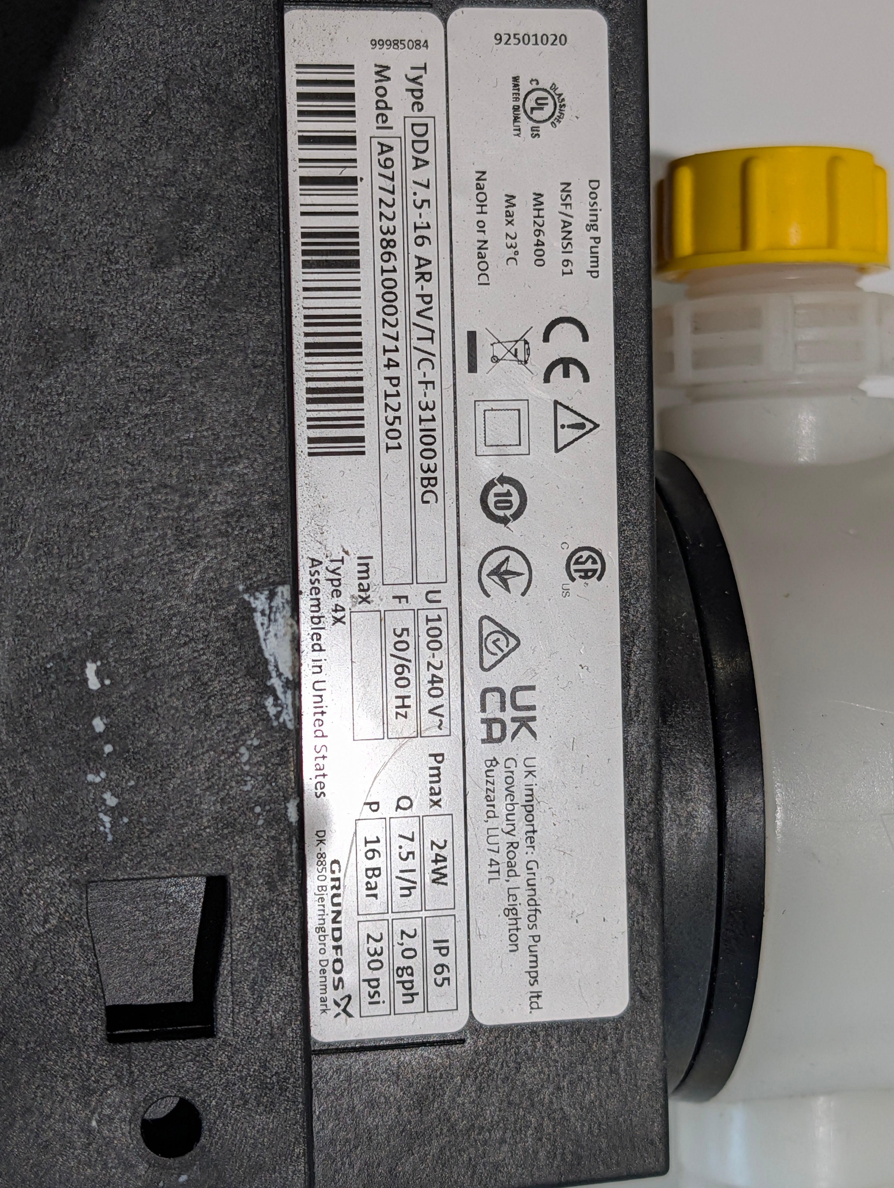 Grundfos DDA 7.5-16 AR-PV/T/C-F-31I003BG Digital Dosing Pump 7.5L/H 230 PSI