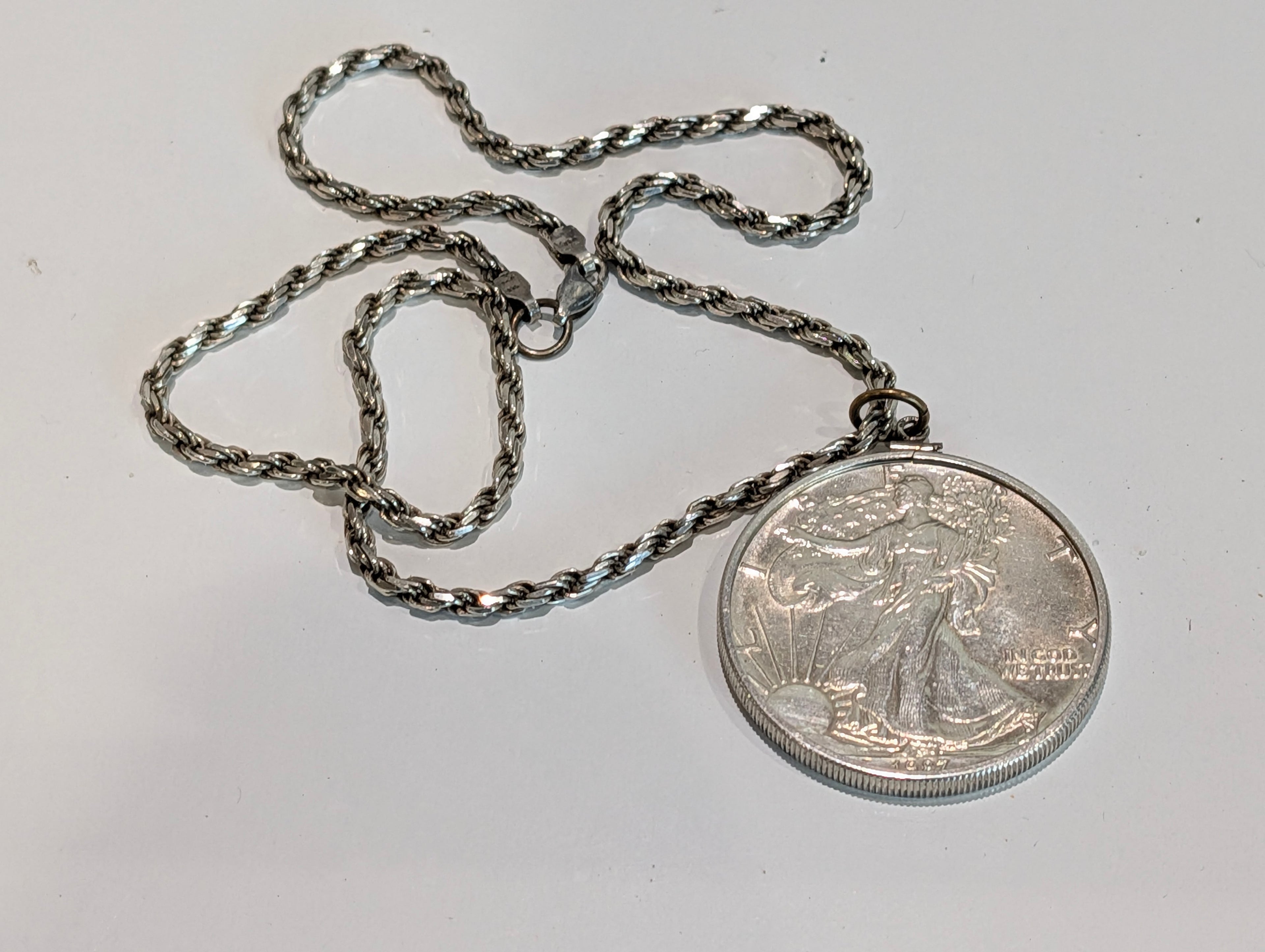 Vintage 1987 Walking Liberty Silver Dollar Coin Pendant Necklace 925 Italy Chain 55.2grams