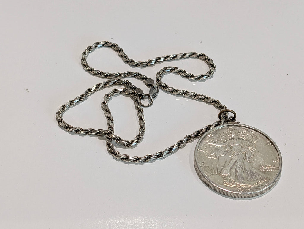 Vintage 1987 Walking Liberty Silver Dollar Coin Pendant Necklace 925 Italy Chain 55.2grams