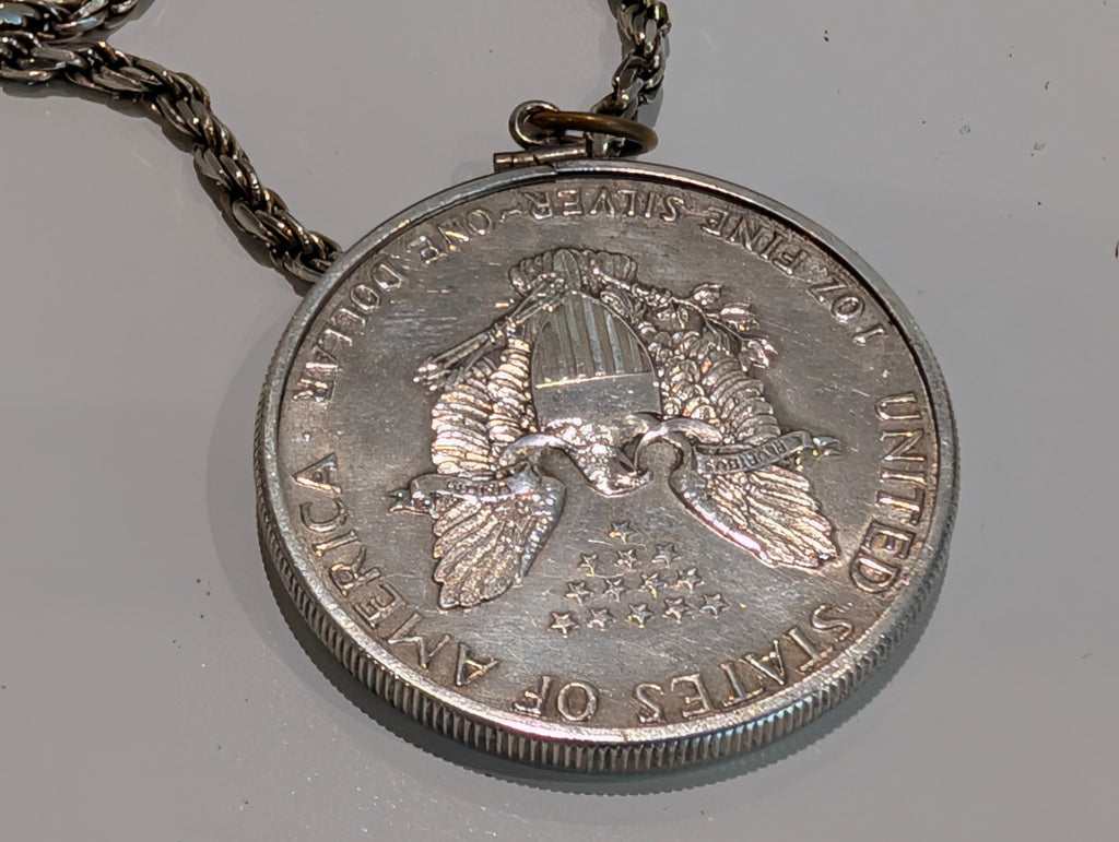 Vintage 1987 Walking Liberty Silver Dollar Coin Pendant Necklace 925 Italy Chain 55.2grams