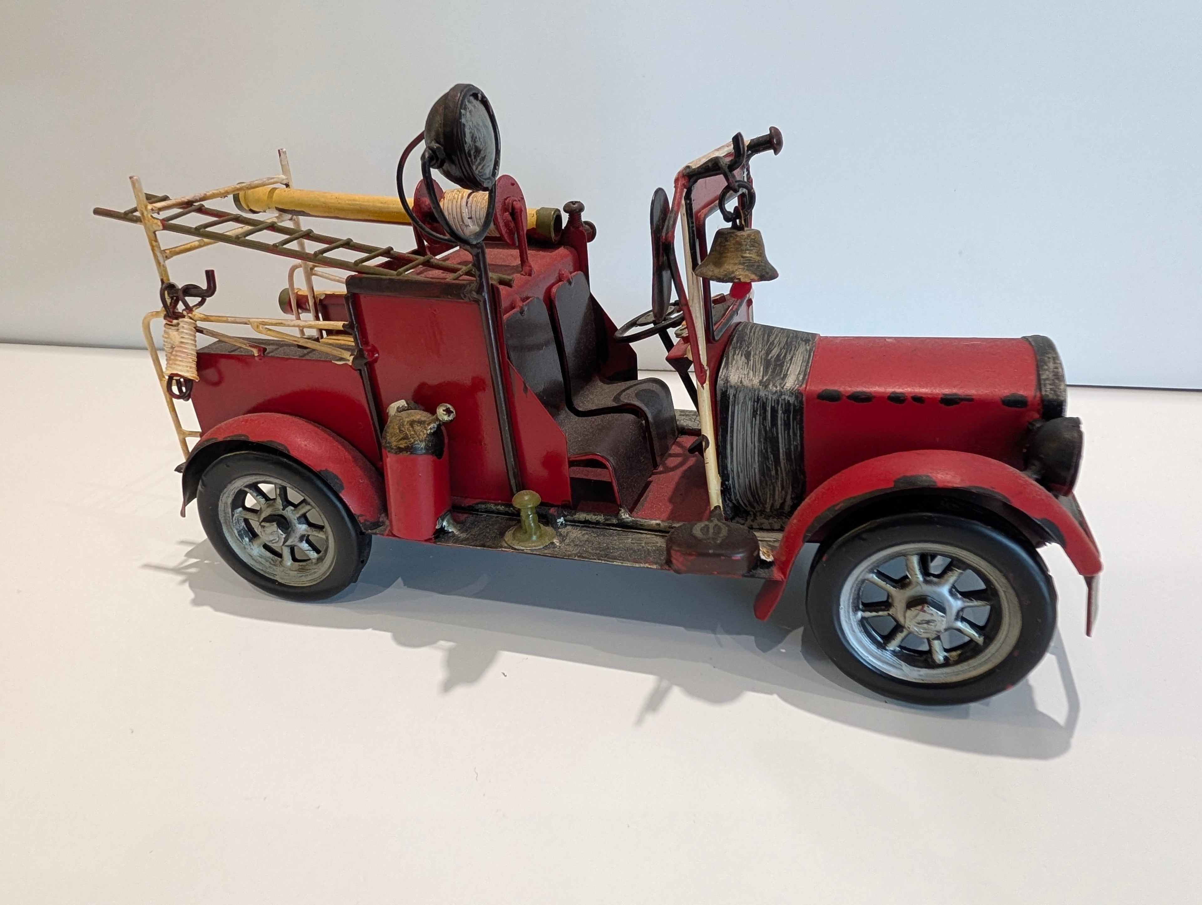 Vintage Style Metal Fire Truck Model Decor w/ Ladder Bell Hose Details