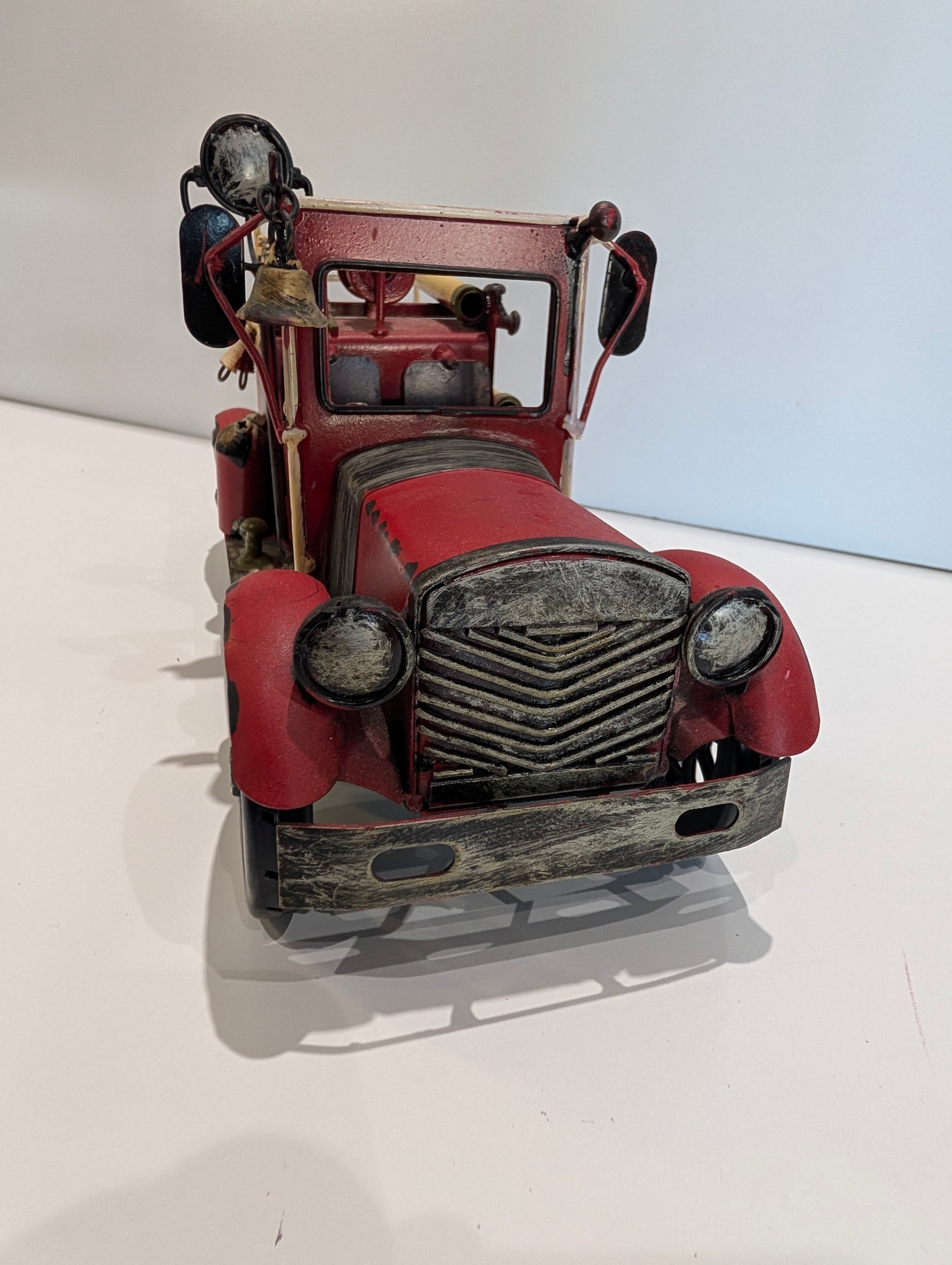 Vintage Style Metal Fire Truck Model Decor w/ Ladder Bell Hose Details