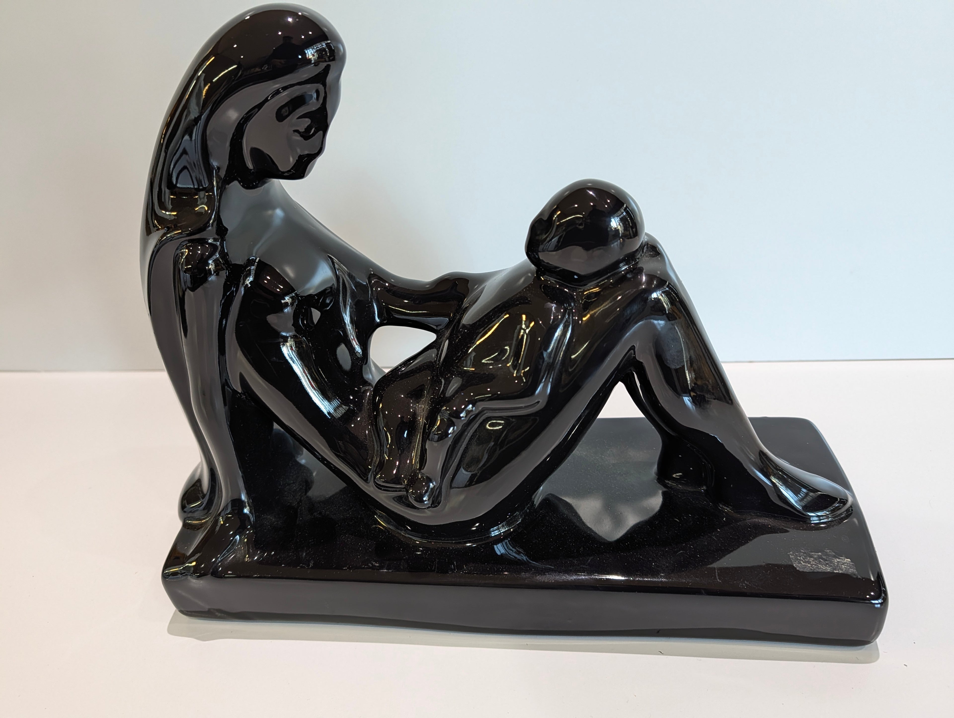 Modern Abstract Mother and Child Black Ceramic Sculpture Figurine Decor Art