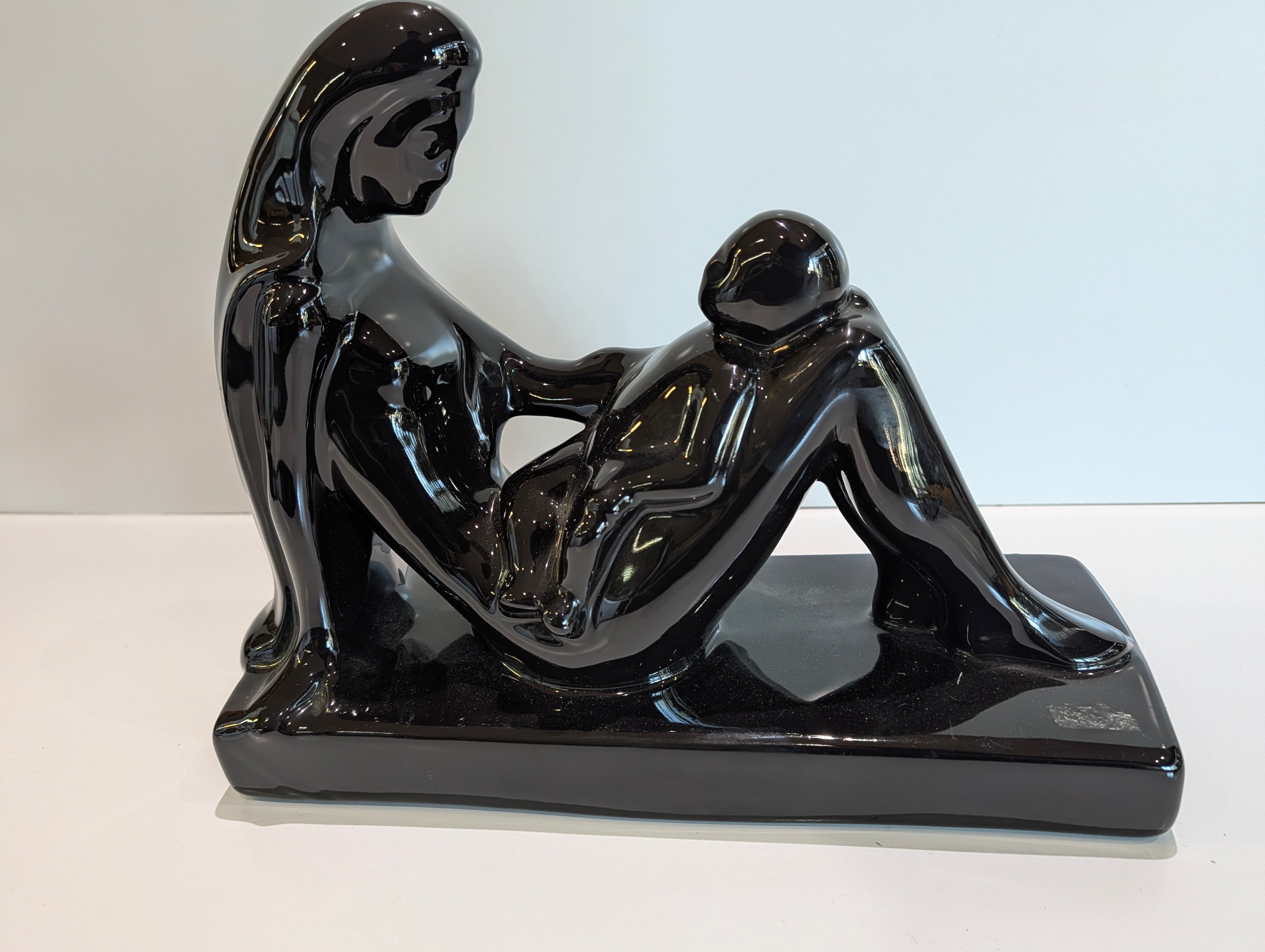 Modern Abstract Mother and Child Black Ceramic Sculpture Figurine Decor Art