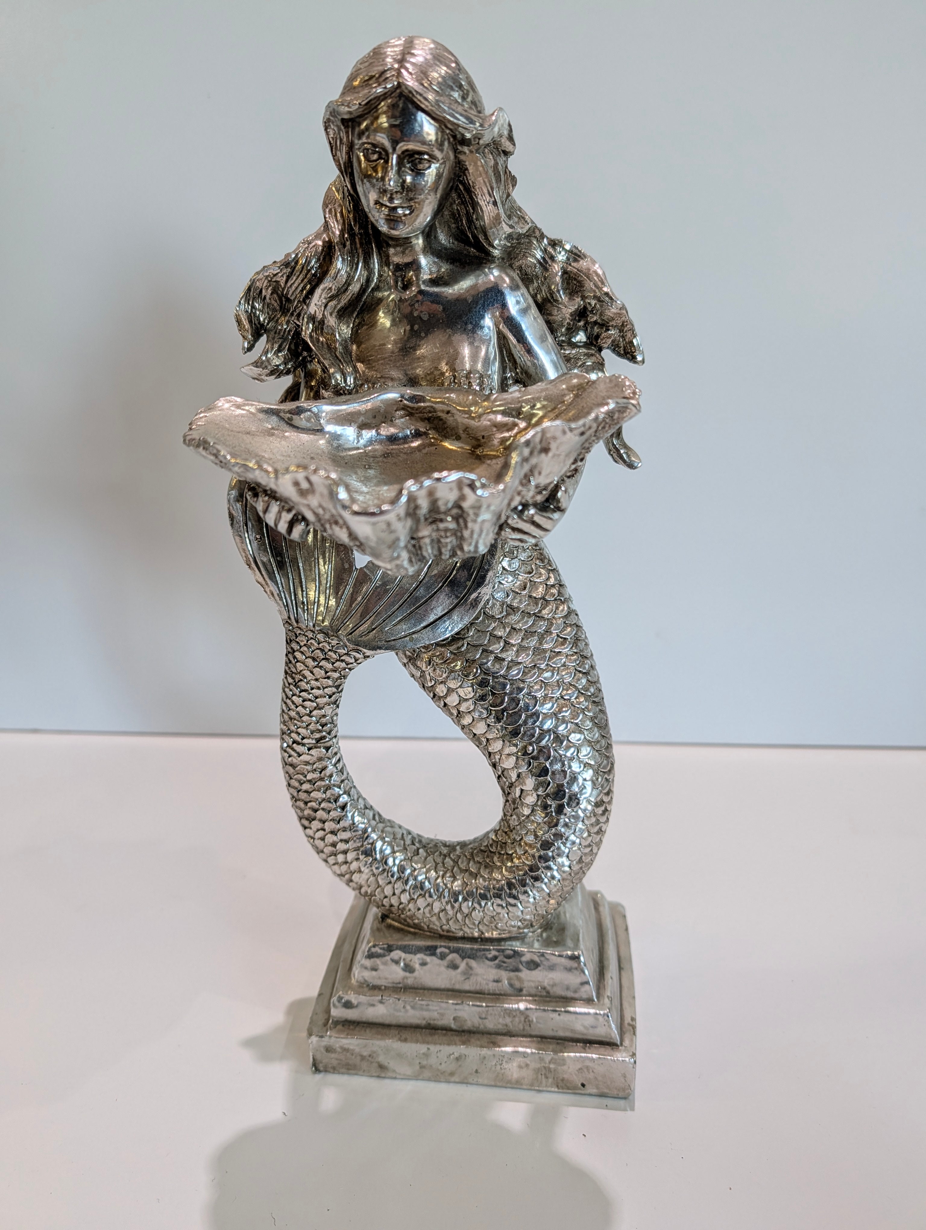 Vintage Silver Tone Mermaid Shell Dish Figurine Coastal Nautical Decor Statue