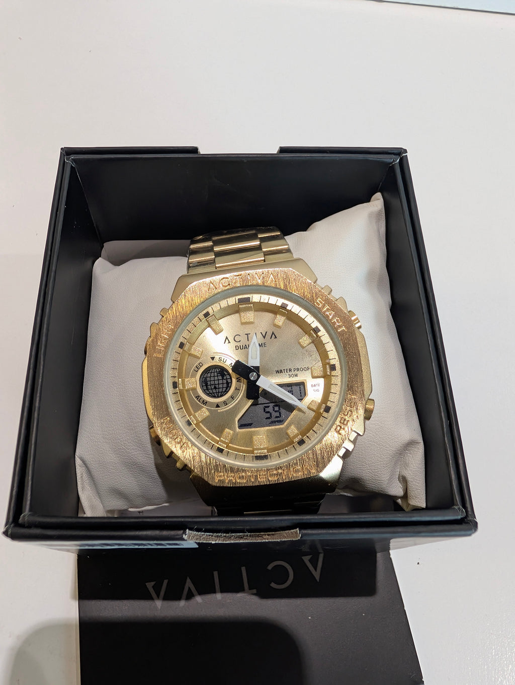 Activa Dual Time Gold Tone Men's Watch Water Resistant 30M Stainless Bracelet