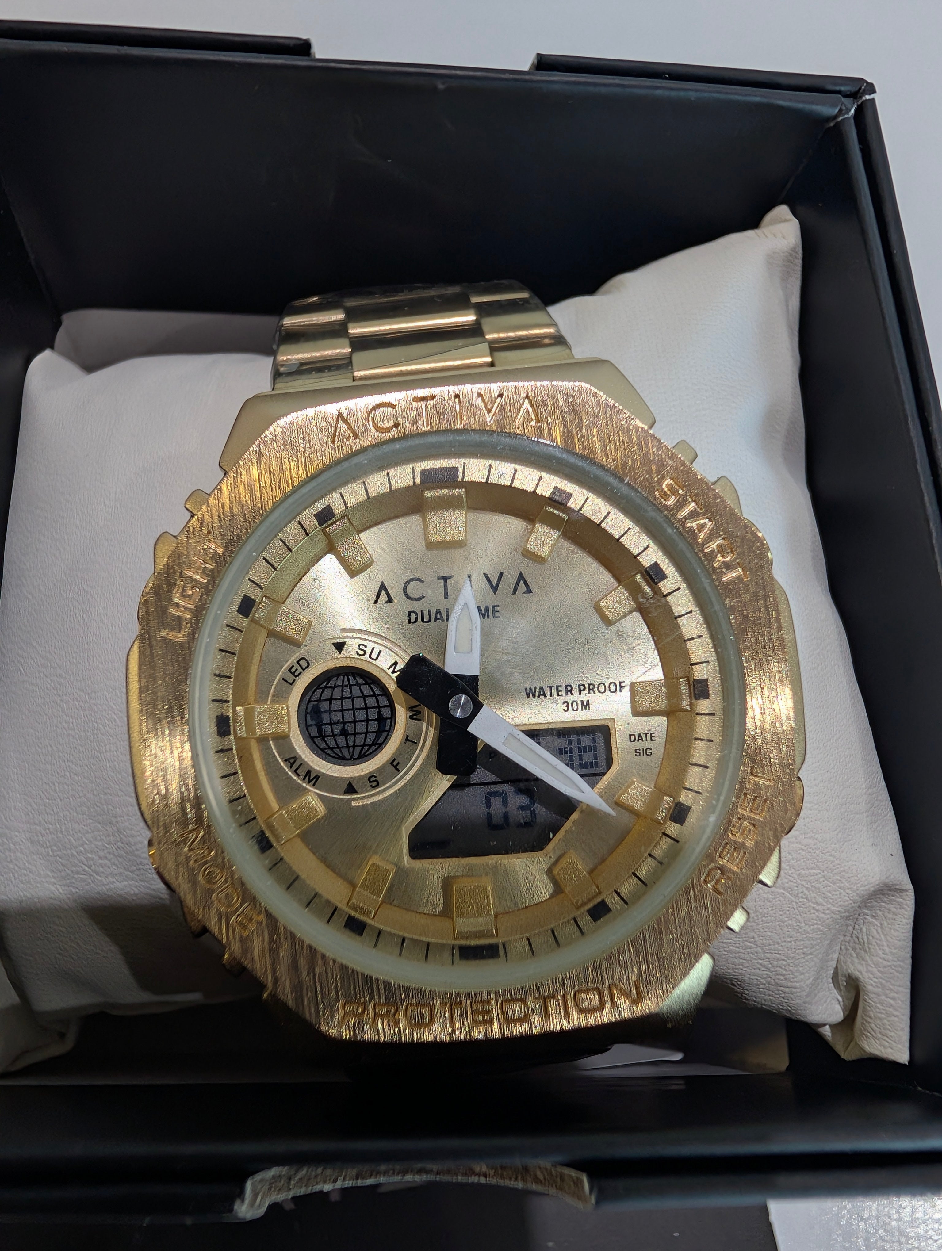 Activa Dual Time Gold Tone Men's Watch Water Resistant 30M Stainless Bracelet