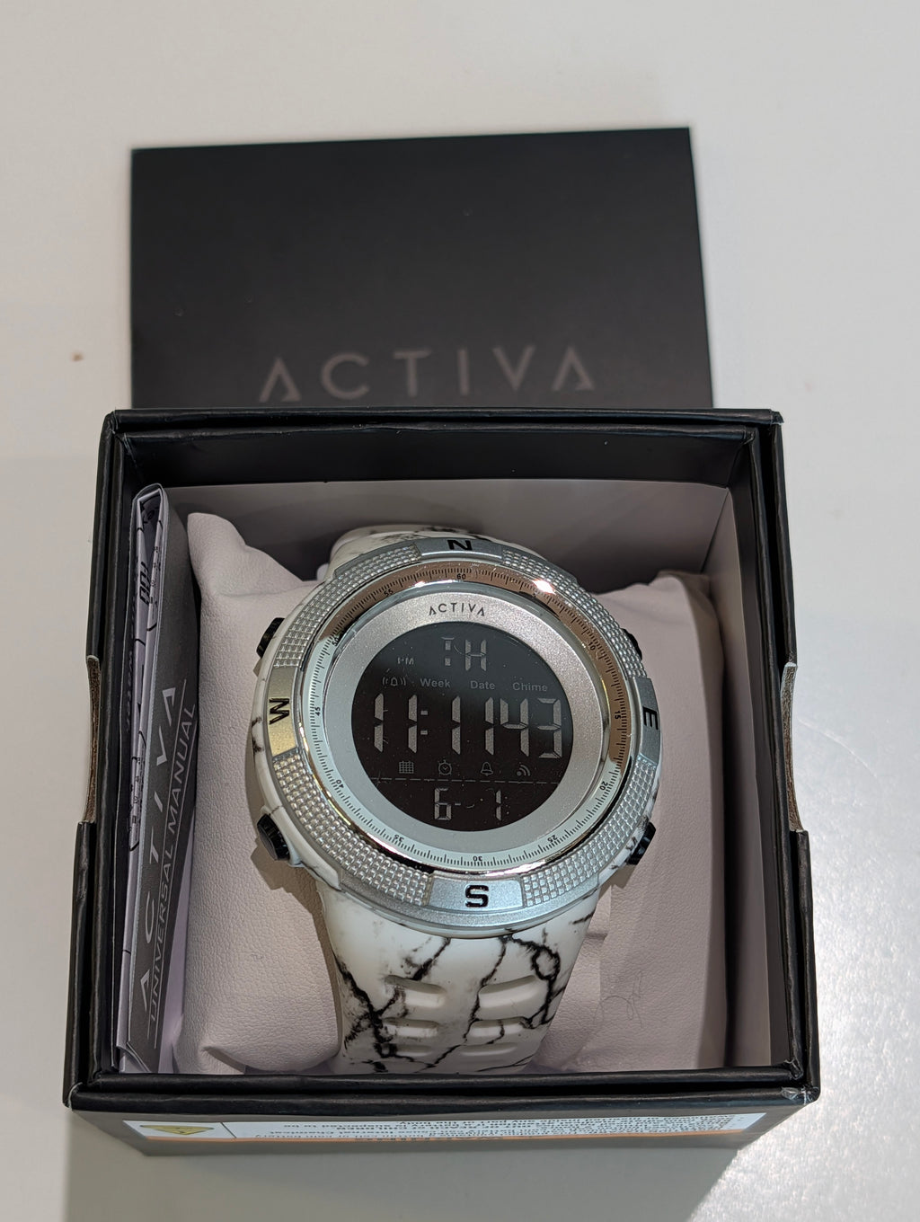 Activa Digital Sport Watch White Marble Band Compass Bezel Box