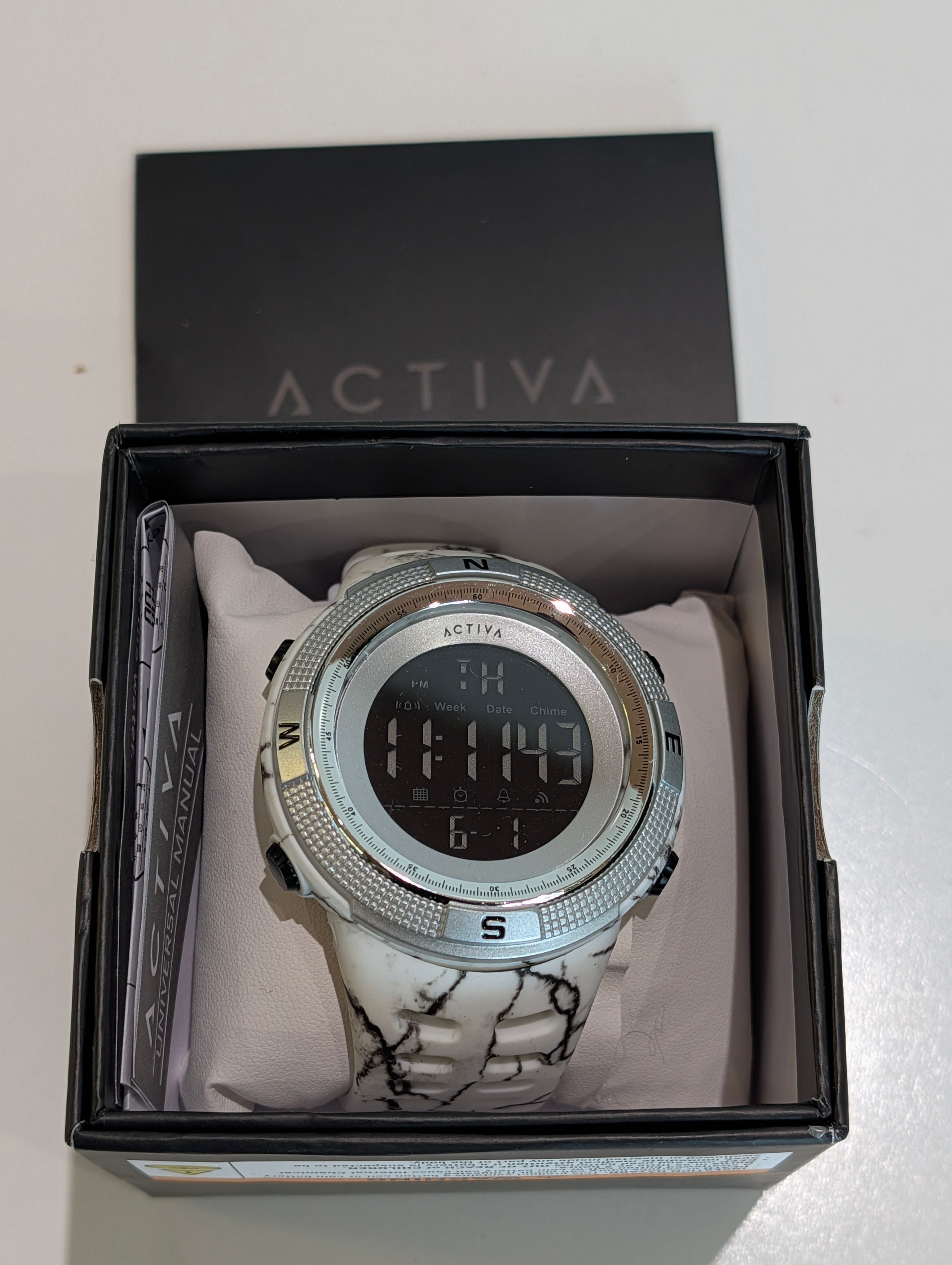 Activa Digital Sport Watch White Marble Band Compass Bezel Box