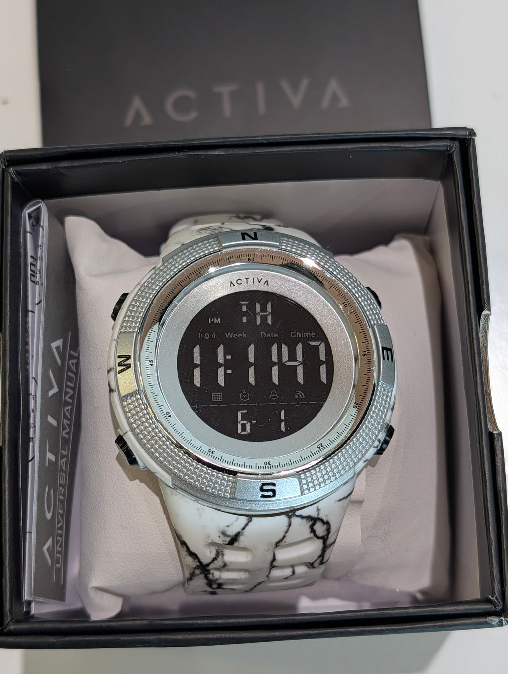 Activa Digital Sport Watch White Marble Band Compass Bezel Box