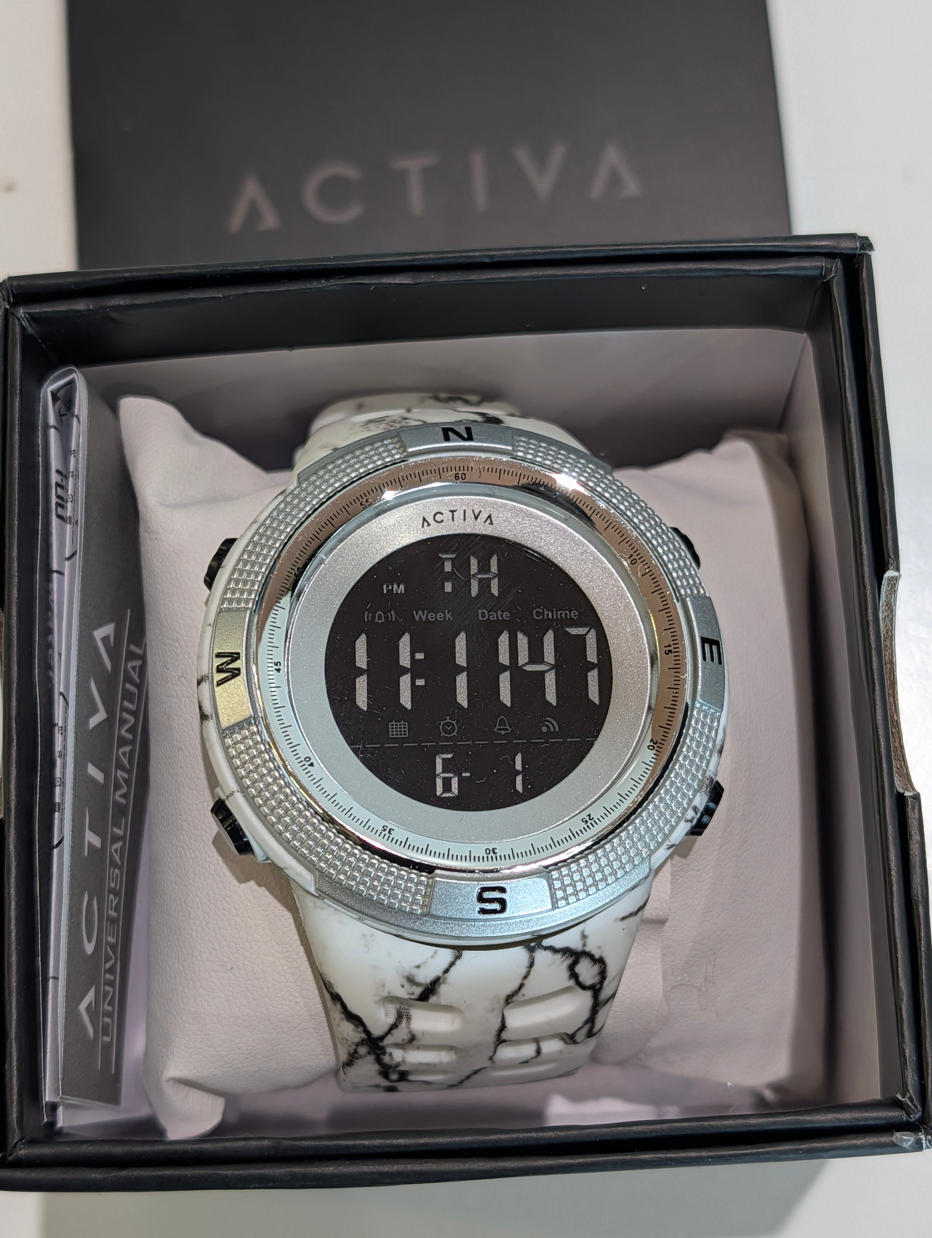 Activa Digital Sport Watch White Marble Band Compass Bezel Box