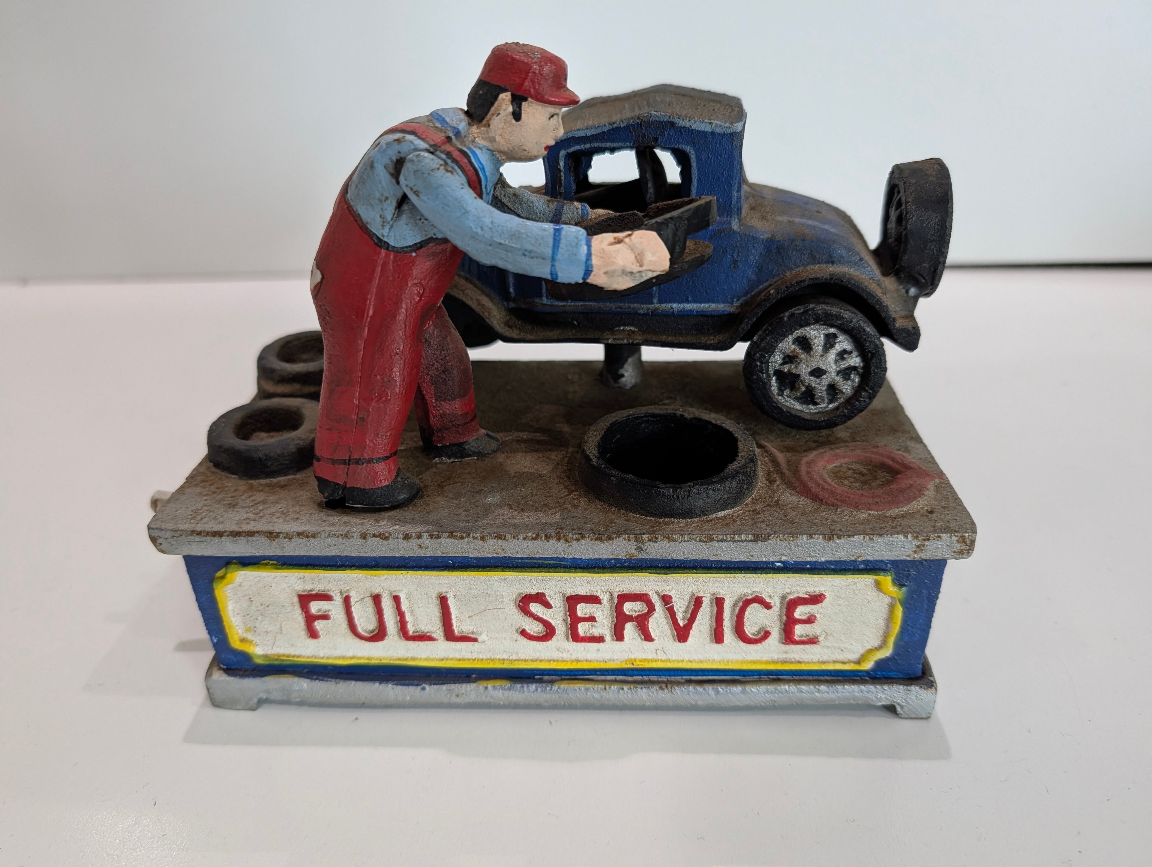 Vintage Cast Iron Full Service Mechanic Car Coin Bank Garage Service Station