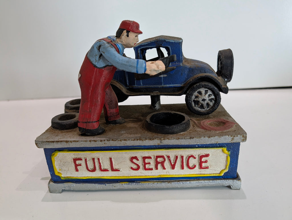 Vintage Cast Iron Full Service Mechanic Car Coin Bank Garage Service Station