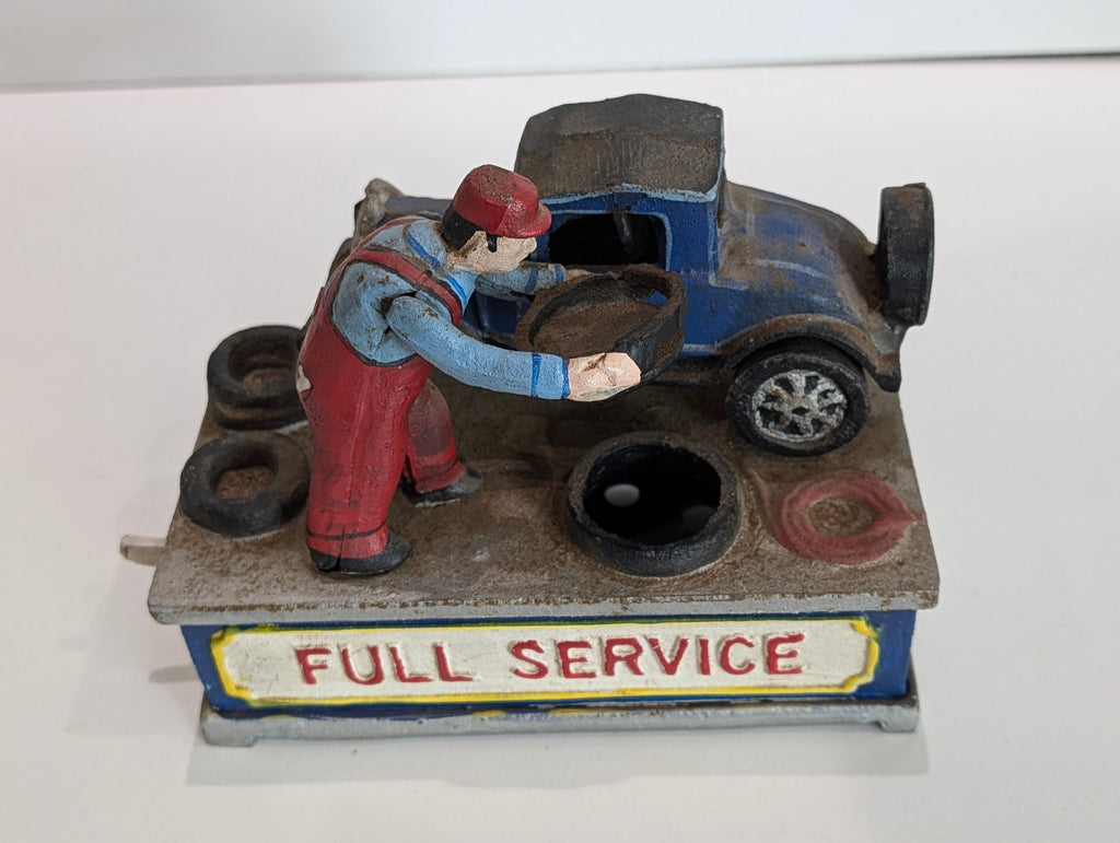 Vintage Cast Iron Full Service Mechanic Car Coin Bank Garage Service Station