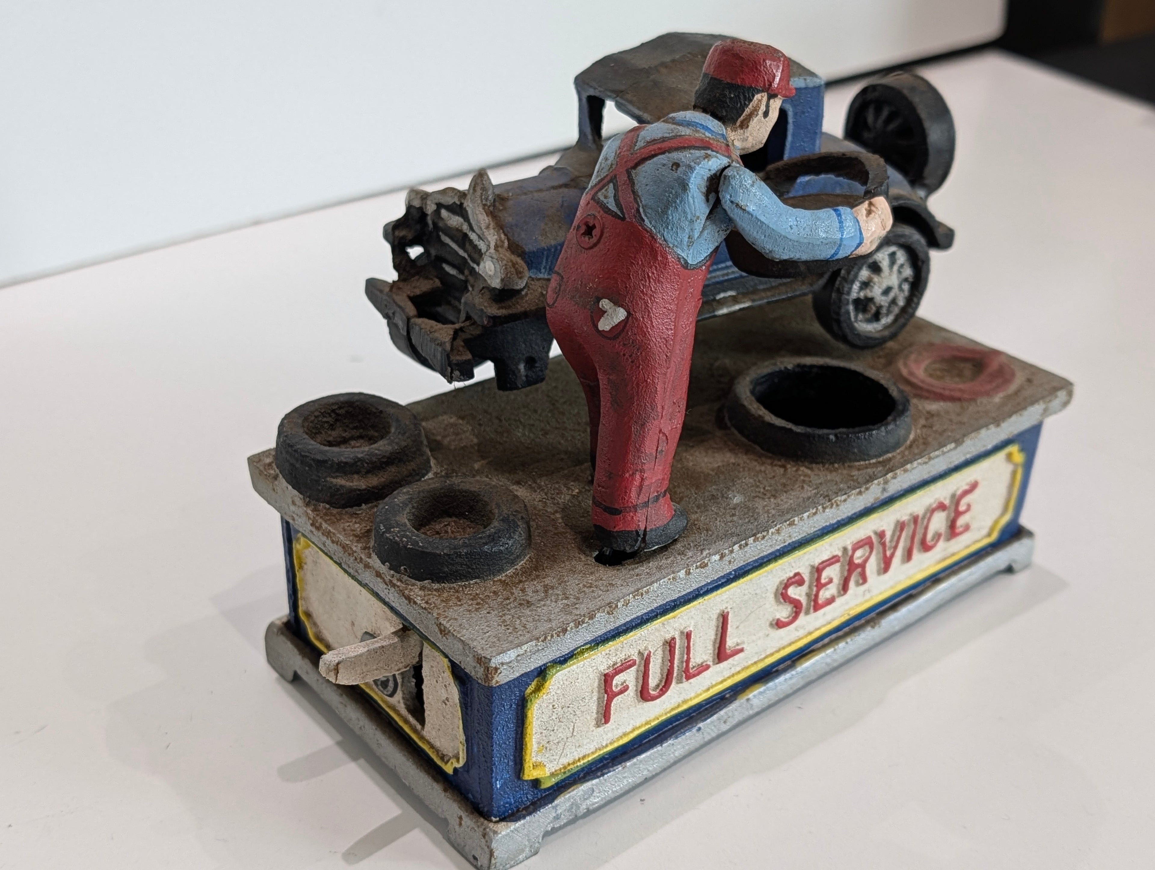 Vintage Cast Iron Full Service Mechanic Car Coin Bank Garage Service Station