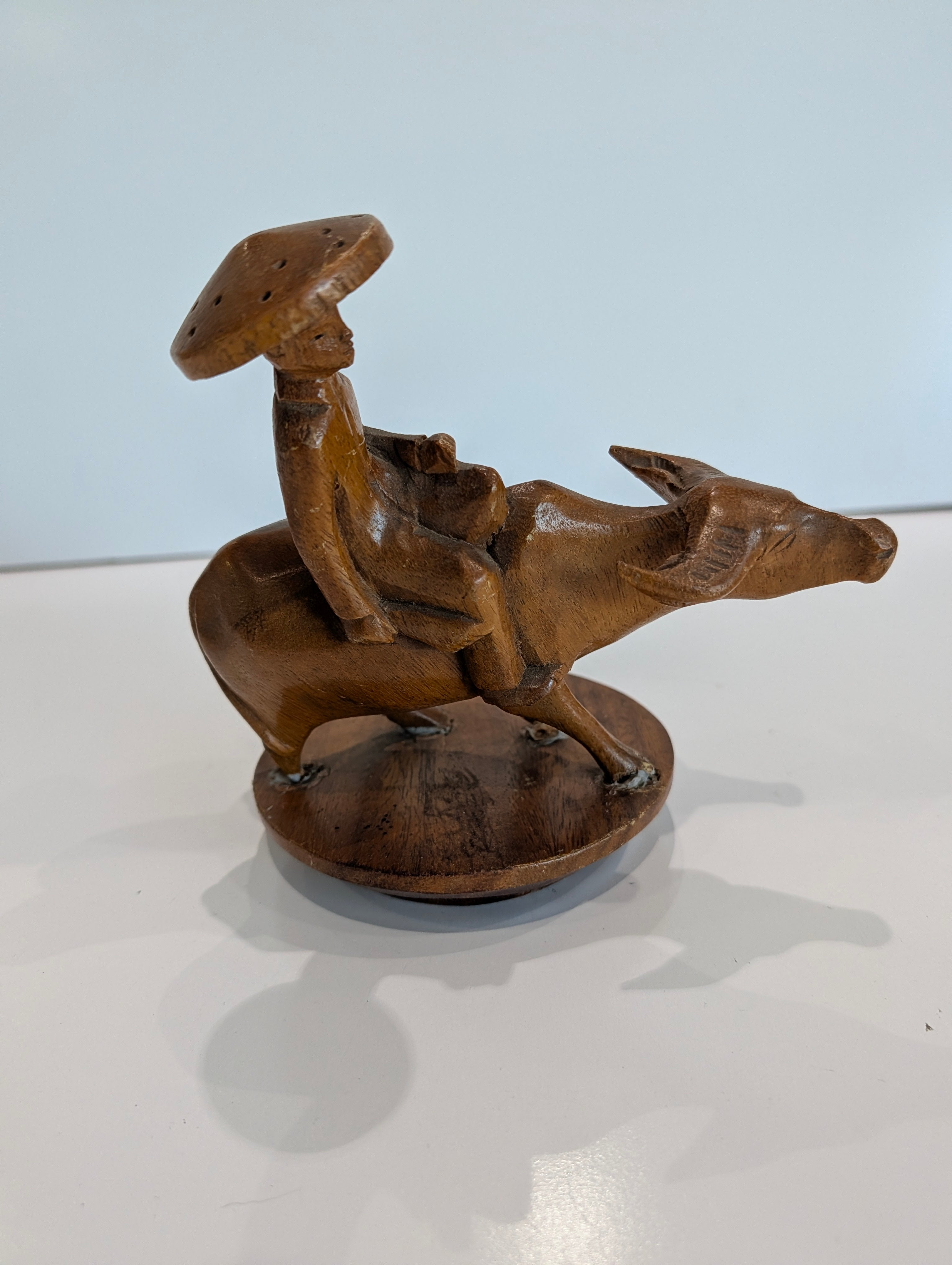 Vintage Hand Carved Wood Figurine Man Riding Water Buffalo Asian Sculpture