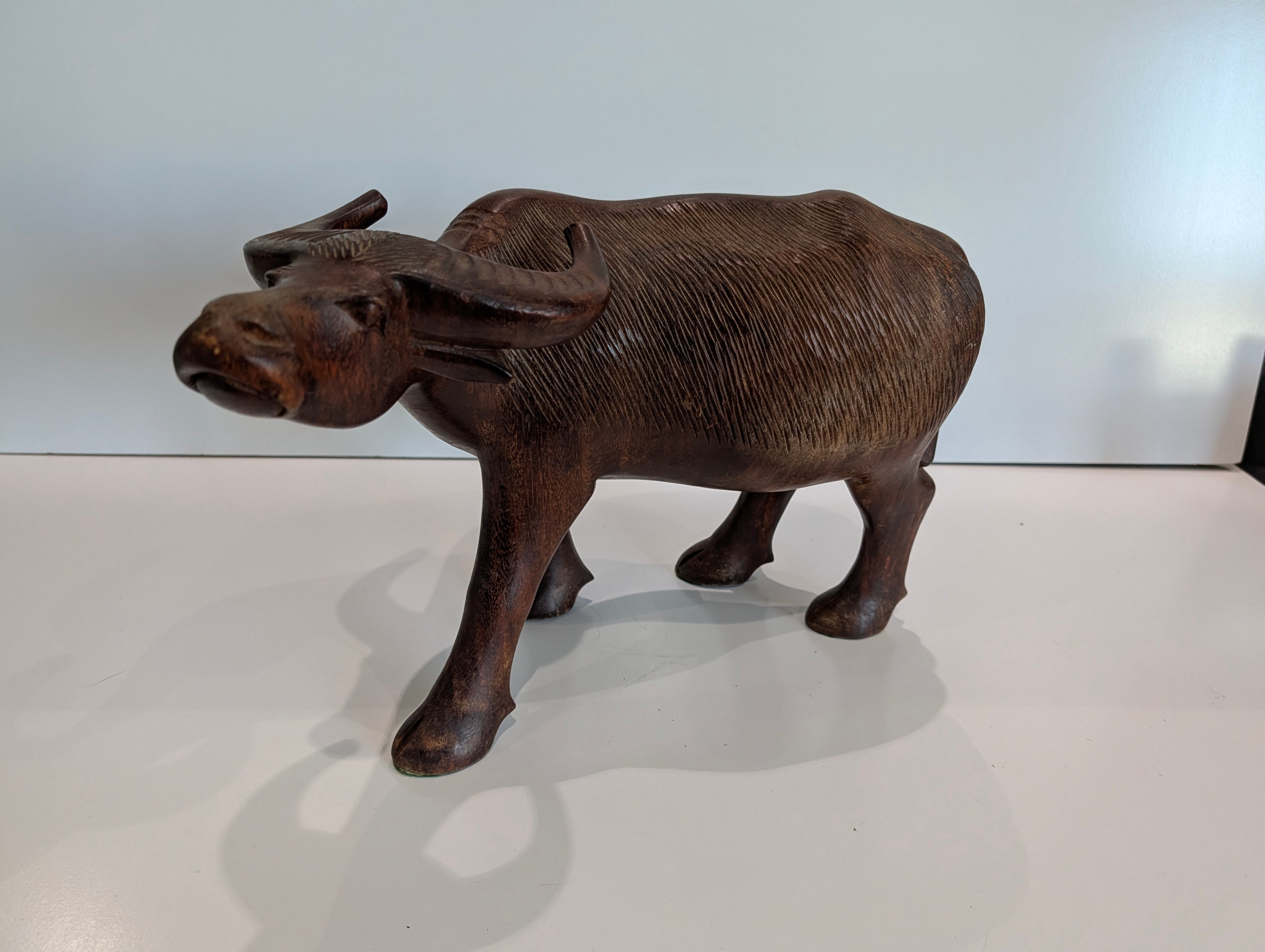 Vintage Hand Carved Wooden Water Buffalo Figurine Rustic Farmhouse Decor